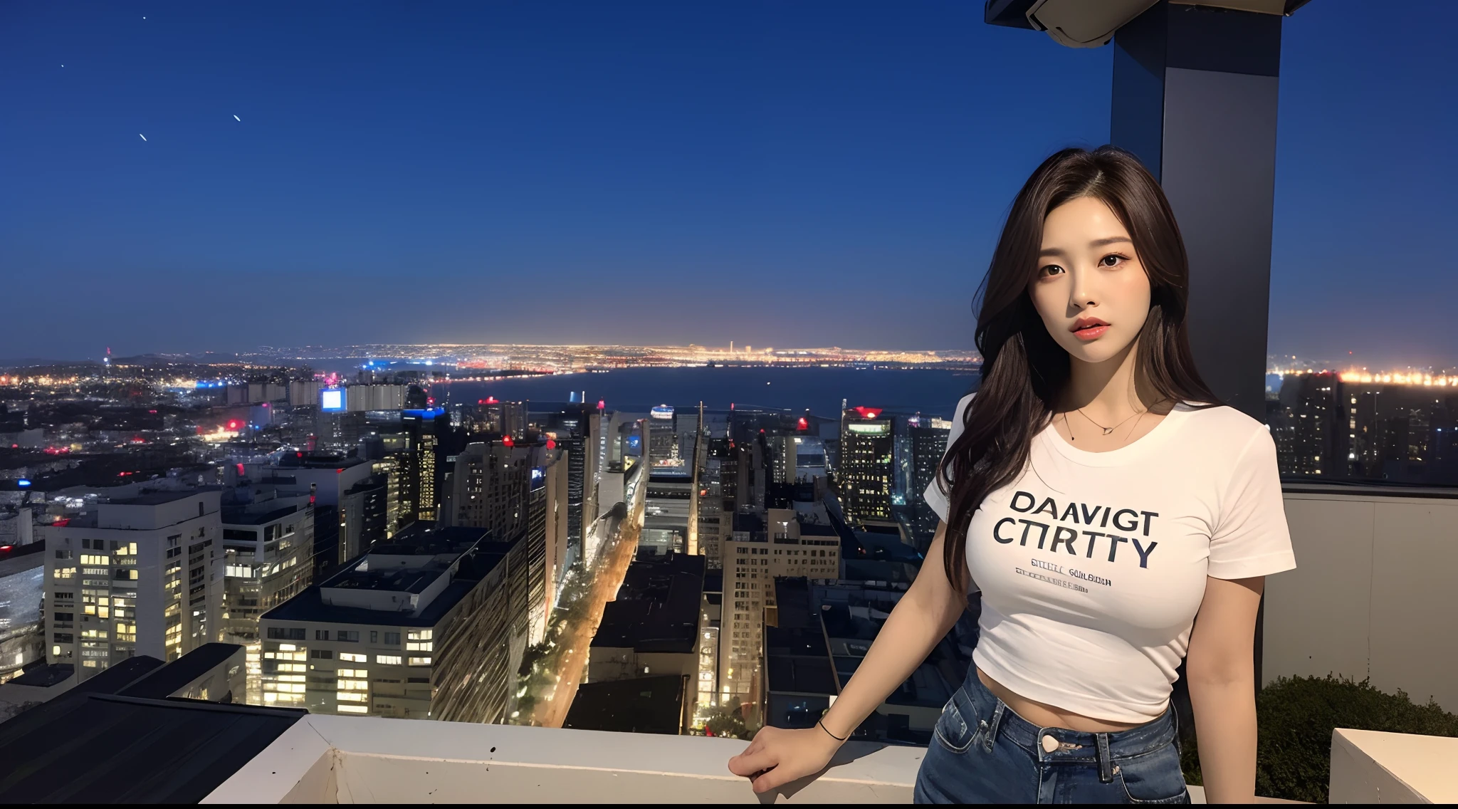 ((Midnight, Best quality, 8k, Masterpiece :1.3)), Whole body, Long legs, Sharp focus :1.2, A pretty woman with perfect figure :1.4, Slender abs :1.1, ((Dark brown hair, Big breasts :1.2)), (White tight tshirt, Jean bib, Standing:1.2), ((Night city view, Rooftop:1.3)), Highly detailed face and skin texture, Detailed eyes, Double eyelid
