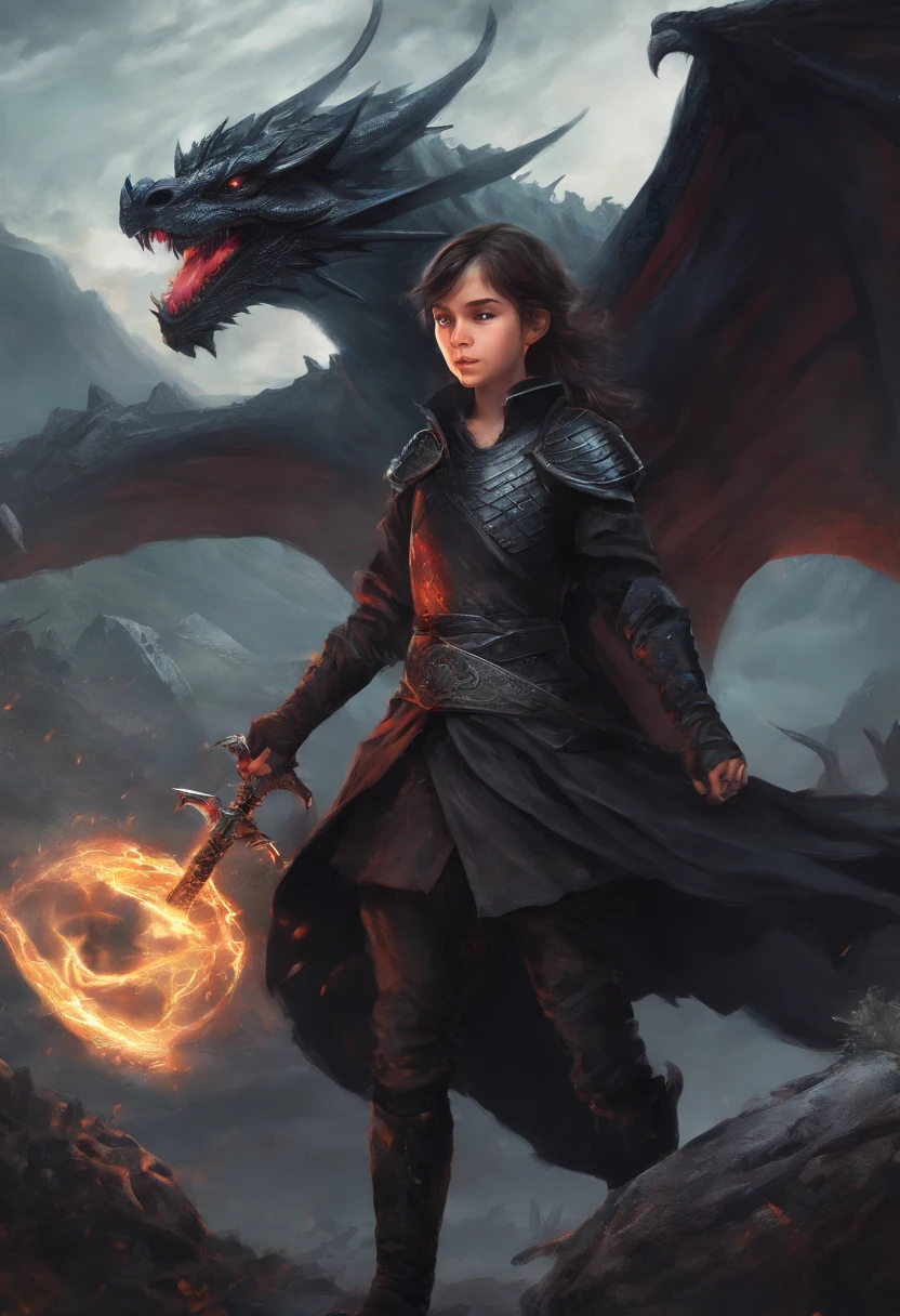 mythology, dragon slayer 12 year old girl with sword, dressed in black, dragon in background