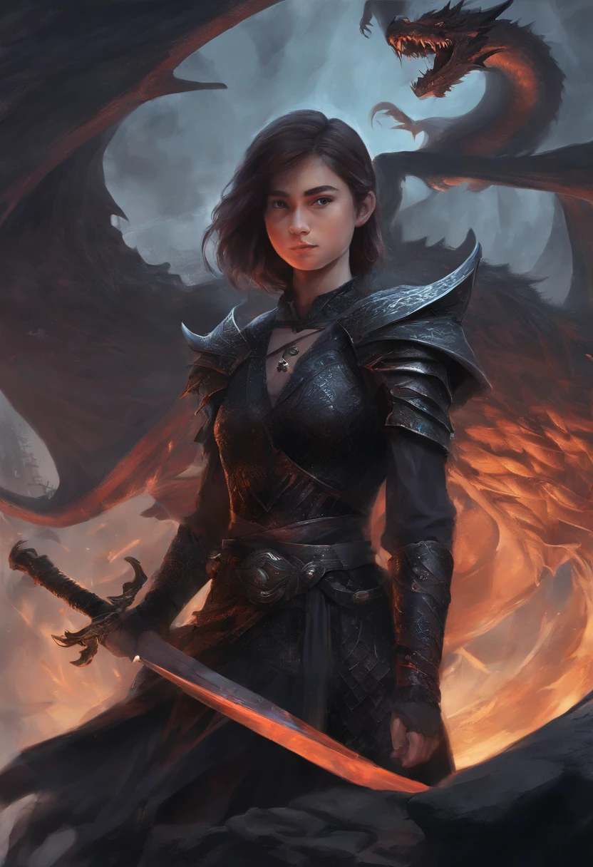 mythology, dragon slayer  girl with sword, dressed in black, dragon in background