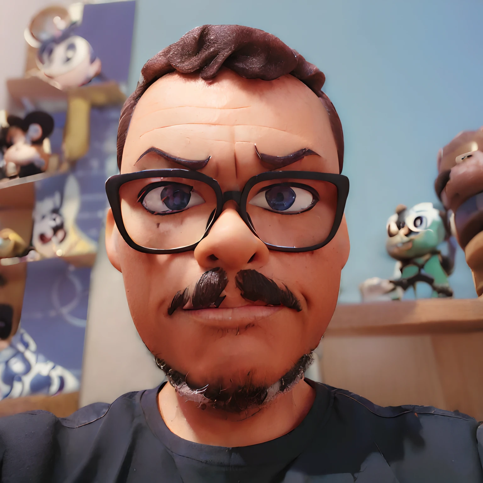 the (((style cartoon of 3D Disney Pixar))), create a front-facing portrait from the shoulders up of a man with glasses. The background is black. Intricate details.