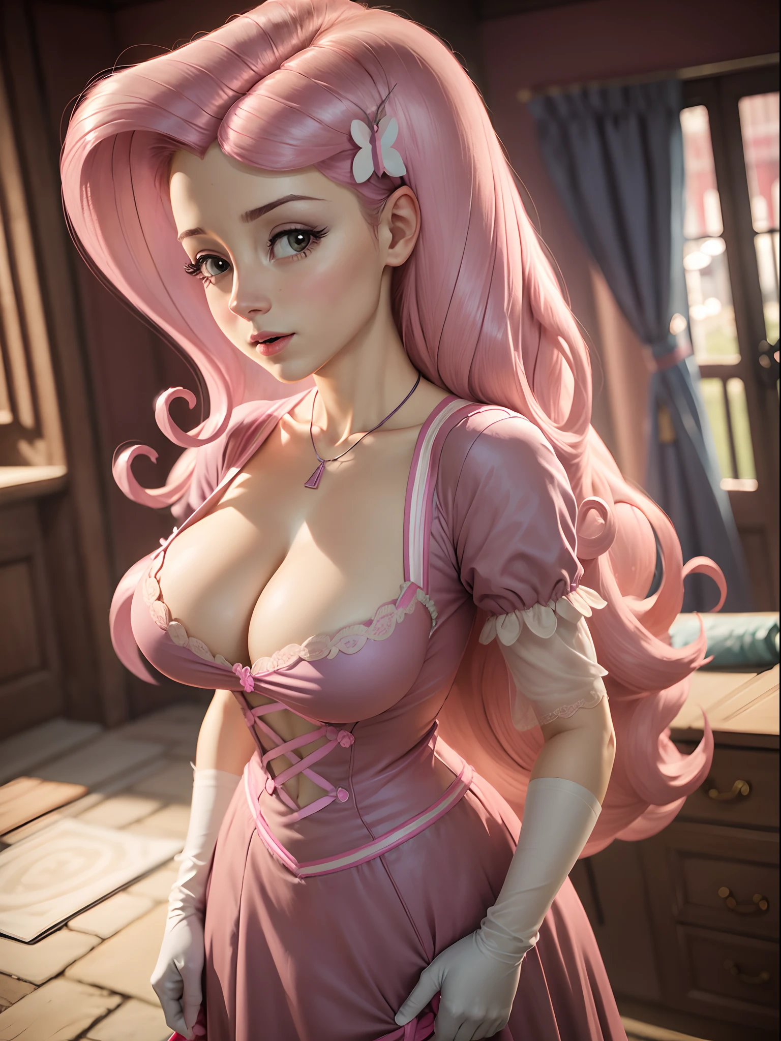 Fluttershy, Fluttershy of my little pony, big breastes, Lush breasts, Volumetric breasts, English Attire, British Dress, British Dress, Old Fashioned Women's Outfit, signora, Fan in hand, Ladies' gloves, exuberant hair, rose hair, exteriors