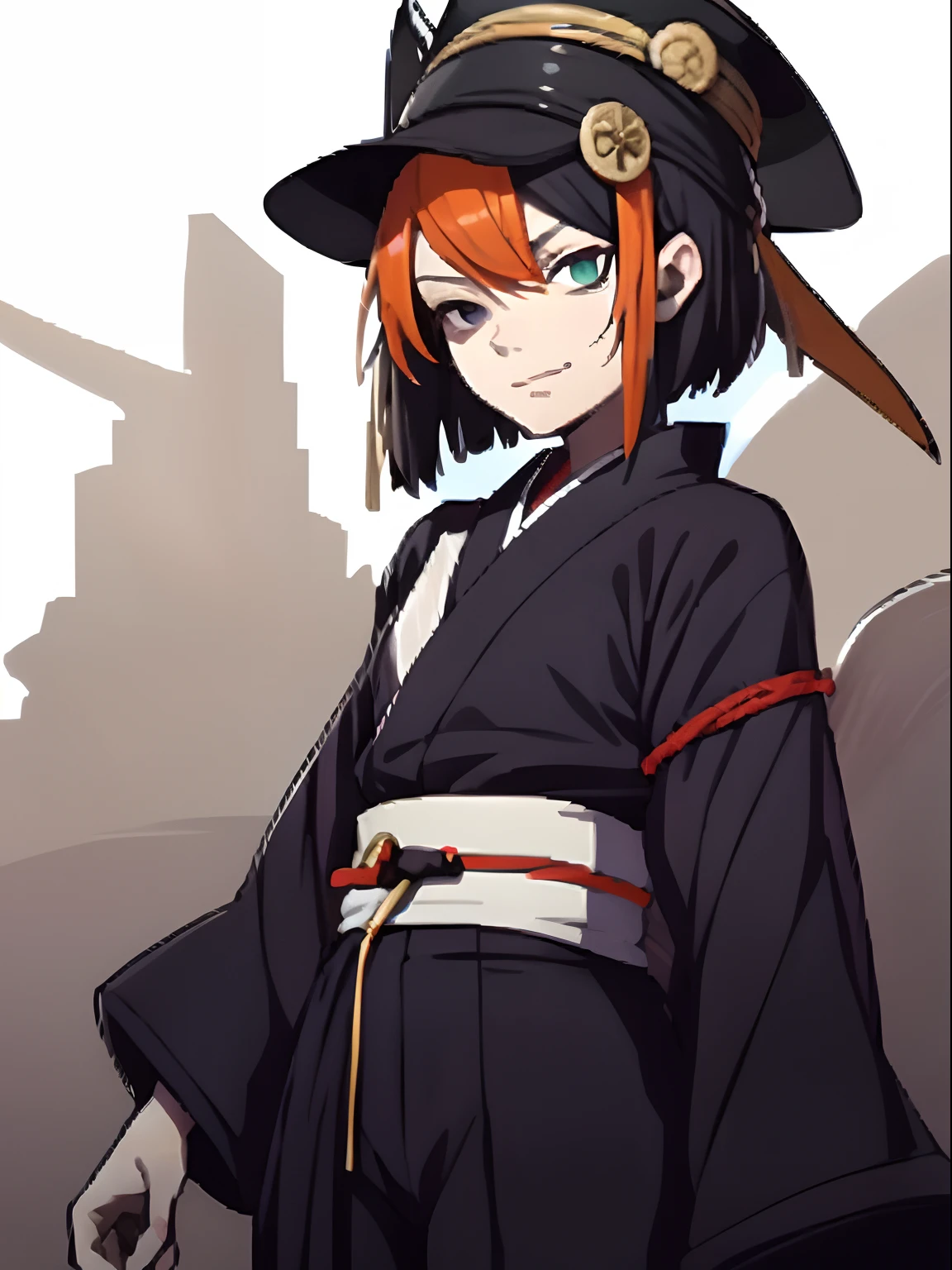 Orange hair, smug smile, TATE-EBOSHI, standing eboshi, onmyoji, tall black Japanese eboshi hat, blue eye bags, tired, long black sleeves, green eyes, short hair, black outfit, emotionless expression, black shirt, upper body, black baggy Japanese pants, towel