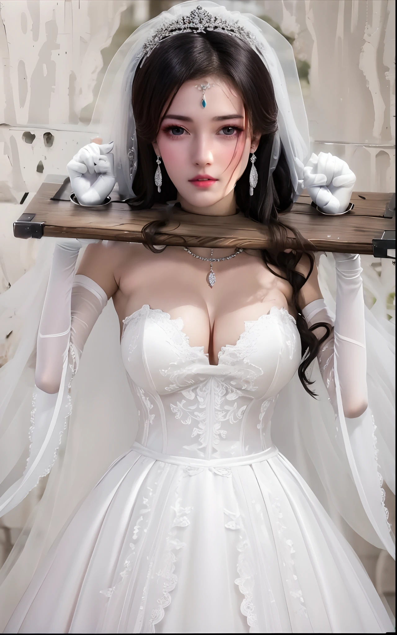 Close-up of a beautiful bride in a beautiful wedding dress, Gurvetz,（ pillory：1.5）, Flail on the head, Flail on the hands, Flail,(Bridal veil: 1.5), (Short transparent veil: 1.5), Flushed face, Head flower, head gear, (Tubular wedding dress: 1.5), (Silk dress: 1.2 ), (Strapless wedding dress: 1.5), Pure white dress, necklace, Earrings, (Huge breasts: 1.3), Deep V heart collar wedding dress, bangs, lipstick, (Lace gloves: 1.3), Full body photo, High detail RAW color art, a white long skirt, Whole body, with hands behind her back, and floor-length skirts,