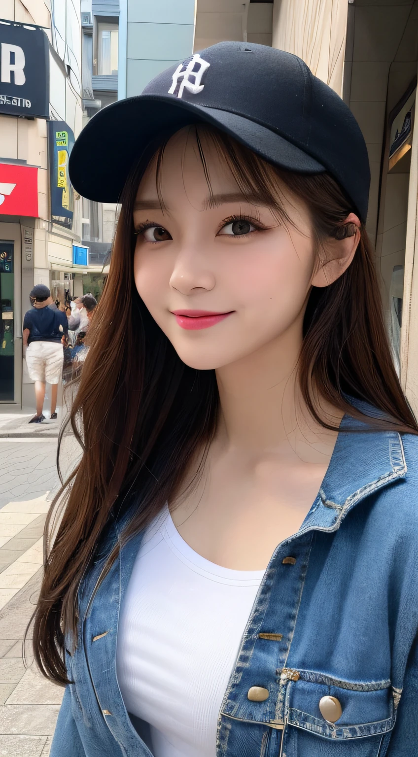 masutepiece, Best Quality, Illustration, Ultra-detailed, finely detail, hight resolution, 8K Wallpaper, Perfect dynamic composition, Beautiful detailed eyes, Seductive doress,Medium Hair, Mid-chest, Natural Color Lip, Random and sexy poses,Smile,Aoyama Street Walk、20 years girl, Jeans, baseball hat