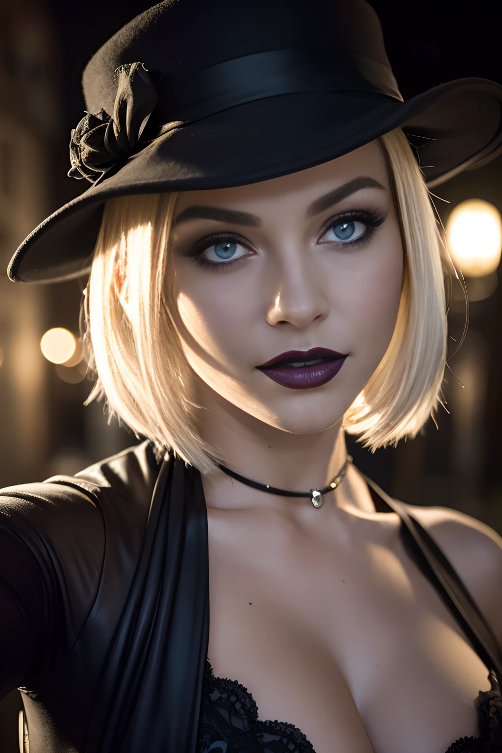 (Selfie, plan: 1.4), (Right half of the body: 1.4), RAW UHD portrait photo of a 24-year-old blonde European woman (Femme aux yeux bleus) marcher dans une ruelle sombre, Halloween Costume, Ville la nuit, (rocher), (encolure), specifics (tissu! , cheveux! , briller, couleur!! , disadvantages: 1.1), Bright eyes with a high level of detail (staring into the camera), SLR lighting, Appareil photo reflex mono-objectif, ultra quality, re sharpness, profondeur de champ, Filmkorn (milieu), Fujifilm XT3, Limpide, Rahmenmitte, beau visage, mise au point nette, street lamp, Neonbeleuchtung, Bokeh (dimly lit), Nuit, (Ciel nocturne), detailed skin pores, peau grasse, coup de soleil, intricate eye details, corps entier entier, gros seins, souriante, flirts with the camera, Dressed in a ghost Halloween costume , Halloween Ghost, maquillage halloween, sourire, (Marilyn Monroe:0.2)