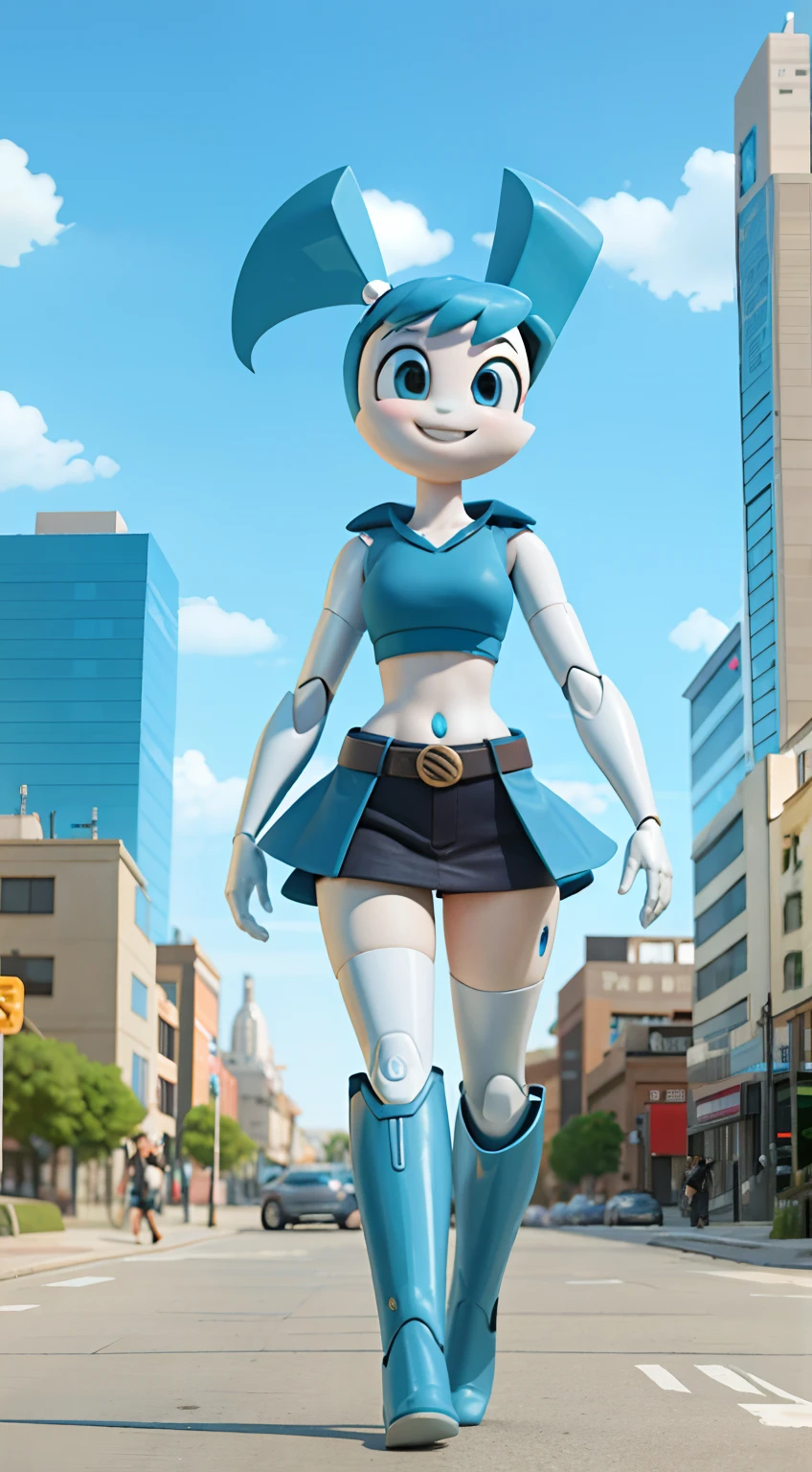 Walking down a futuristic city, looking at viewer, smiling, blue midriff, blue miniskirt, metallic body, robot joints, daytime, blue pigtails, blue knee high boots, vibrant colors