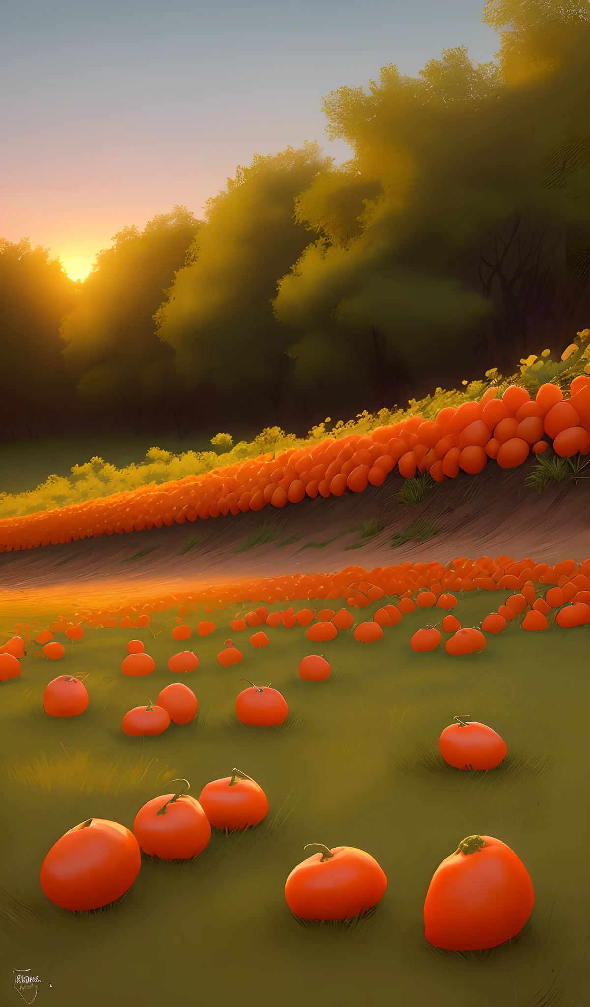 Desenhe um campo de pimentos com o por do sol