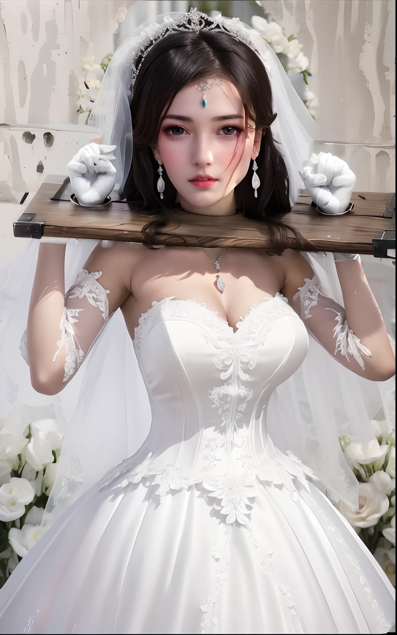 Close-up of a beautiful bride in a beautiful wedding dress, Gurvetz,（ pillory：1.5）, Flail on the head, Flail on the hands, Flail,(Bridal veil: 1.5), (Short transparent veil: 1.5), Flushed face, Head flower, head gear, (Tubular wedding dress: 1.5), (Silk dress: 1.2 ), (Strapless wedding dress: 1.5), Pure white dress, necklace, Earrings, (Huge breasts: 1.3), Deep V heart collar wedding dress, bangs, lipstick, (Lace gloves: 1.3), Full body photo, High detail RAW color art, a white long skirt, Whole body, with hands behind her back, and floor-length skirts,