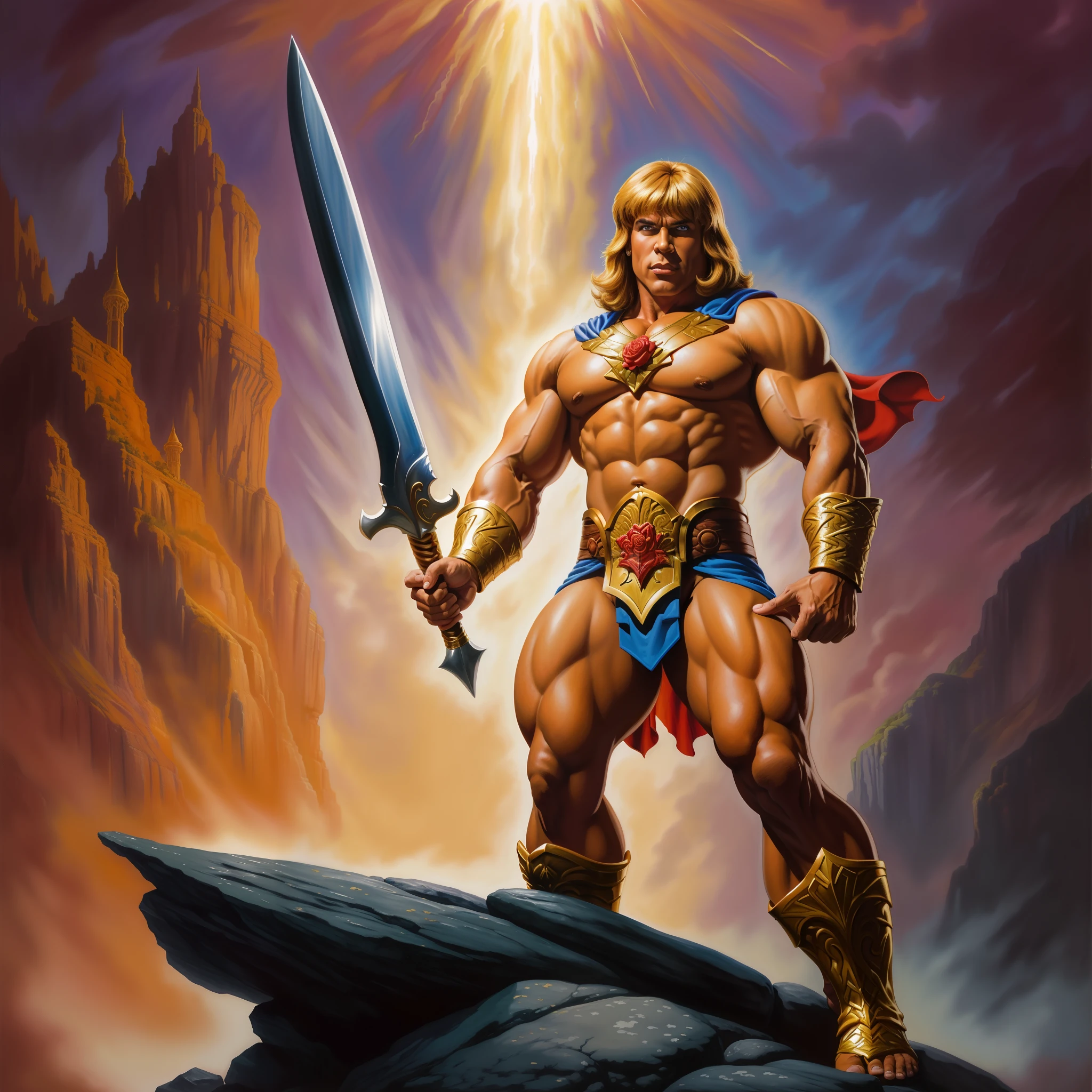 Image of a man with a sword standing on a rock, retrato de he - homem, He-Man, ele - homem, pintura retrato de ele - homem, ele homem, ele - homem!!!!!, He-Man!!!!!, inspirado em Joe Jusko, Estilo Heman, He-Man com um jeito sombrio, Directed by: Joe Jusko