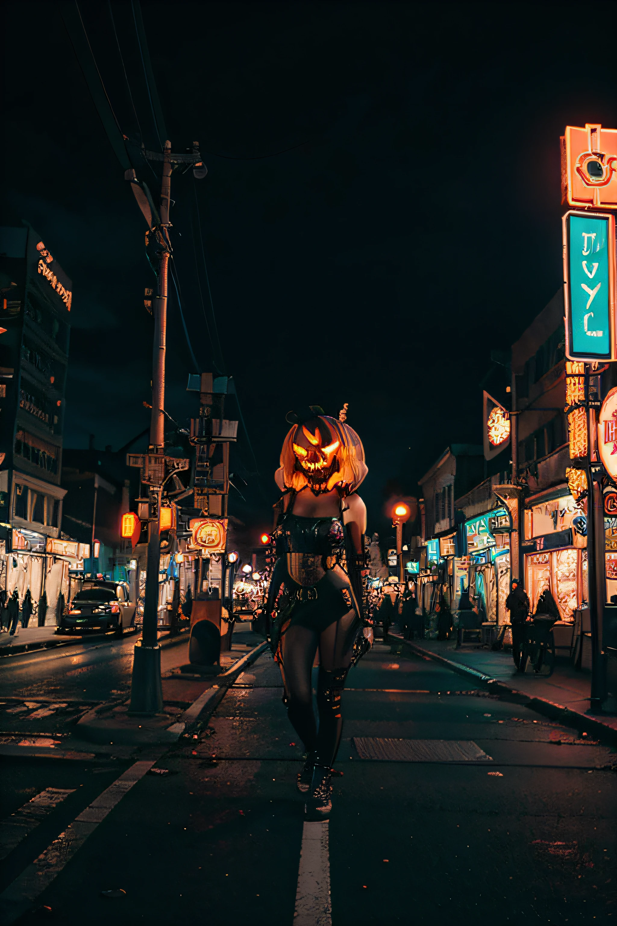 halloween cyberpunk, Photo of a city with neon lights and Halloween decoration