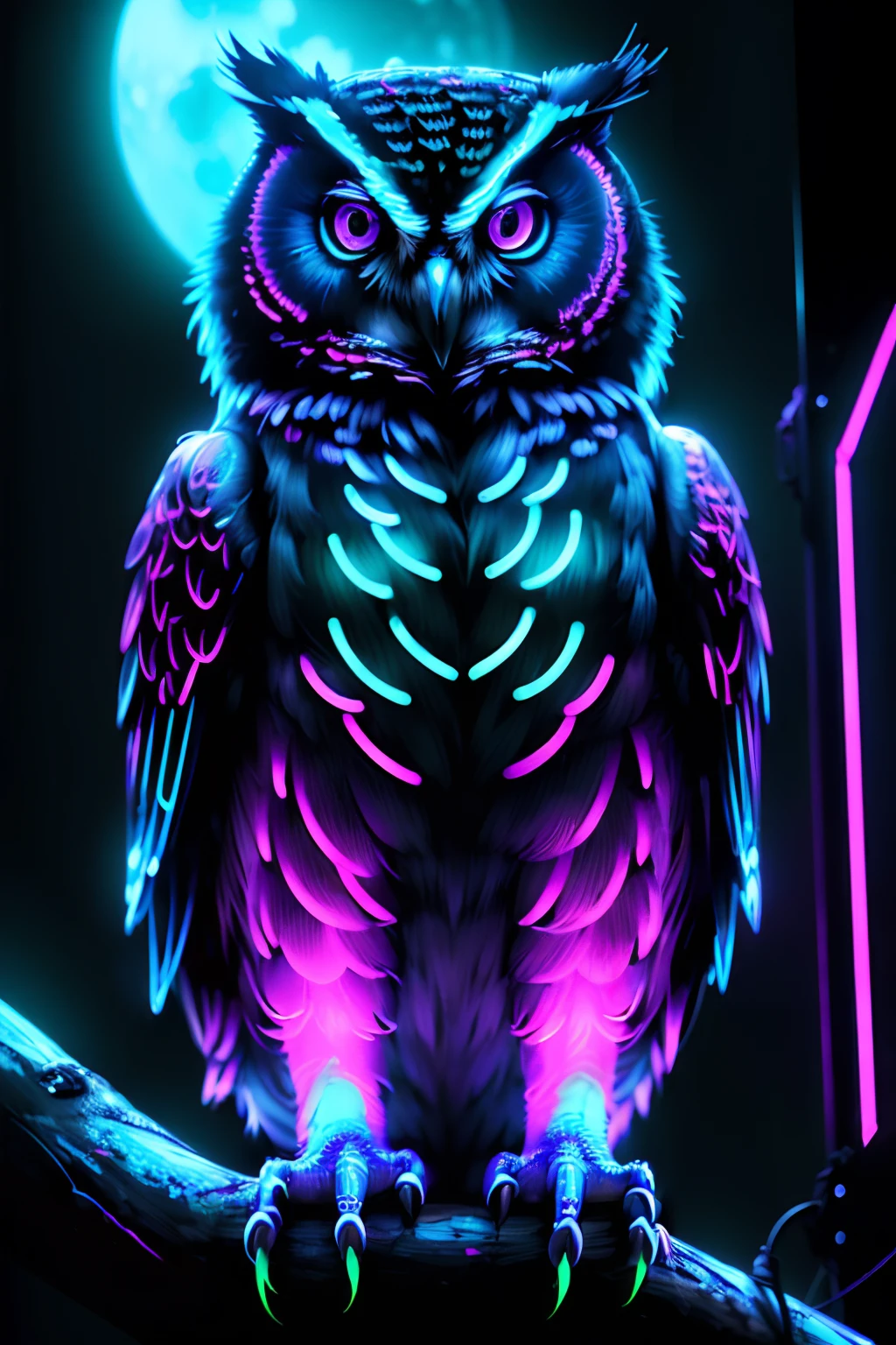 (((masterpiece))), (((neonart))),realistic , neon owl, high detail neon owl glowing, neon owl, neon tree, neon moon, in a black background,