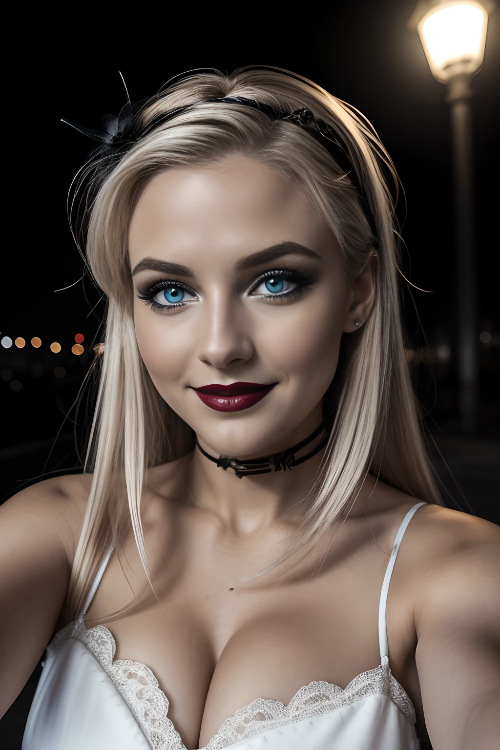 (Selfie, plan: 1.4), (Right half of the body: 1.4), RAW UHD portrait photo of a 24-year-old blonde European woman (Femme aux yeux bleus) marcher dans une ruelle sombre, Halloween Costume, Ville la nuit, (rocher), (encolure), specifics (tissu! , cheveux! , briller, couleur!! , disadvantages: 1.1), Bright eyes with a high level of detail (staring into the camera), SLR lighting, Appareil photo reflex mono-objectif, ultra quality, re sharpness, profondeur de champ, Filmkorn (milieu), Fujifilm XT3, Limpide, Rahmenmitte, beau visage, mise au point nette, street lamp, Neonbeleuchtung, Bokeh (dimly lit), Nuit, (Ciel nocturne), detailed skin pores, peau grasse, coup de soleil, intricate eye details, corps entier entier, gros seins, souriante, flirts with the camera, Dressed in a ghost Halloween costume , Halloween Ghost, maquillage halloween, sourire, (Marilyn Monroe:0.2)