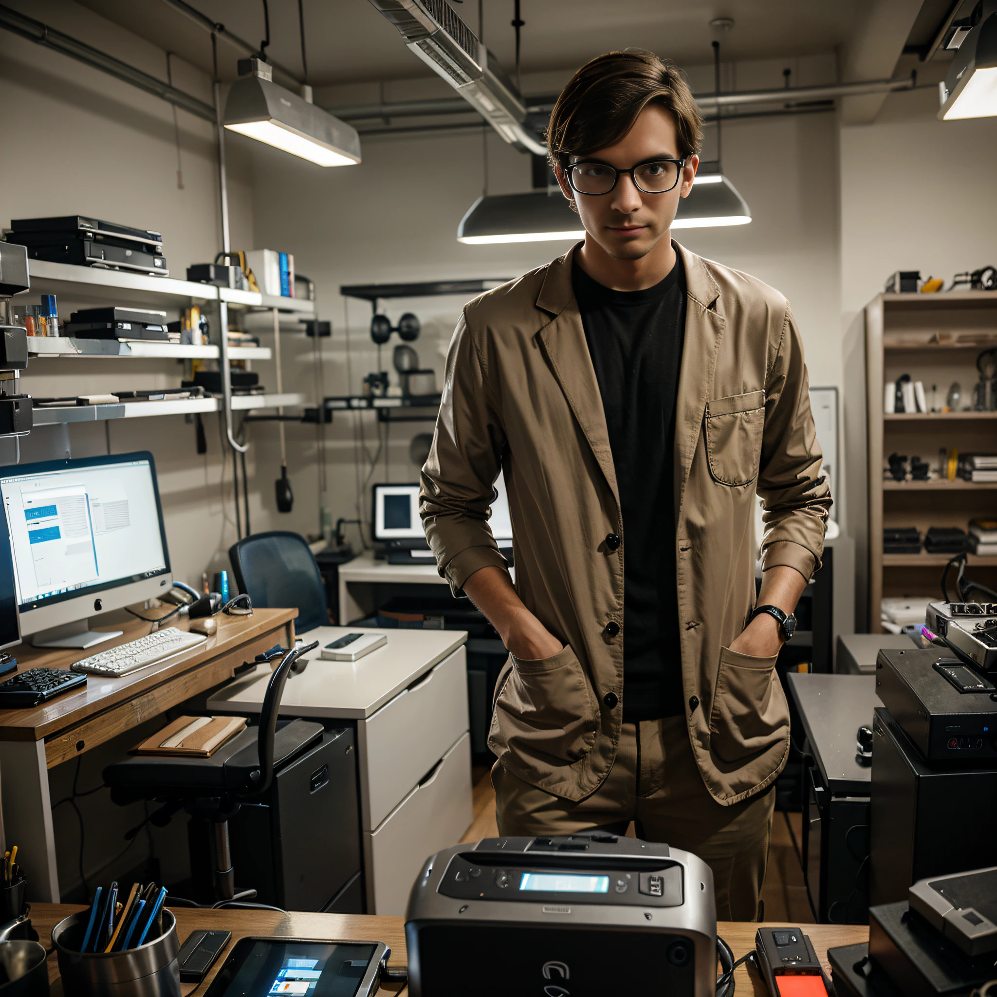 A male sloth technician in a lab full of gadgets and computers. Slim and stylish clothes. Wearing glasses.