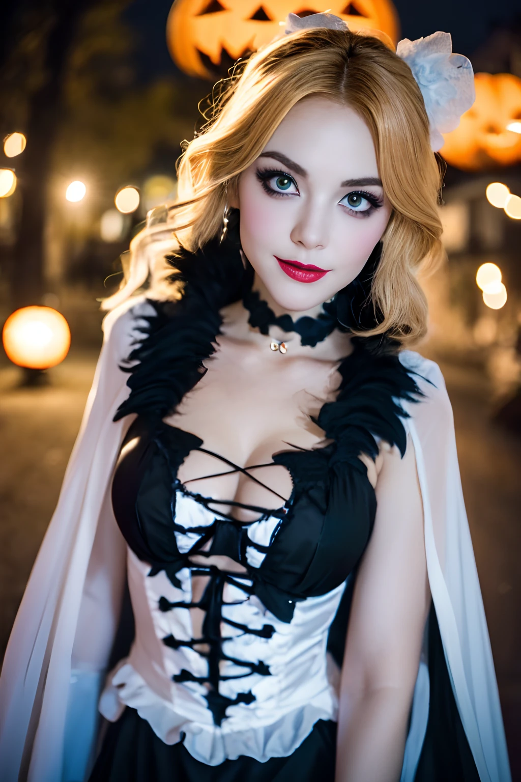 (Selfie, plan: 1.4), (Right half of the body: 1.4), RAW UHD portrait photo of a 24 year old blonde European woman (Femme aux yeux bleus) marcher dans une ruelle sombre, Halloween Costume, Ville la nuit, (rocher), (encolure), specifics (tissu! , cheveux! , briller, couleur!! , disadvantages: 1.1), Bright eyes with a high level of detail (staring into the camera), SLR lighting, Appareil photo reflex mono-objectif, ultra quality, re sharpness, profondeur de champ, Filmkorn (milieu), Fujifilm XT3, Limpide, Rahmenmitte, beau visage, mise au point nette, street lamp, Neonbeleuchtung, Bokeh (dimly lit), Nuit, (Ciel nocturne), detailed skin pores, peau grasse, coup de soleil, intricate eye details, corps entier entier, gros seins, souriante, flirts with the camera, Dressed in a ghost Halloween costume , Halloween Ghost, maquillage halloween, sourire, (Marilyn Monroe:0.2)