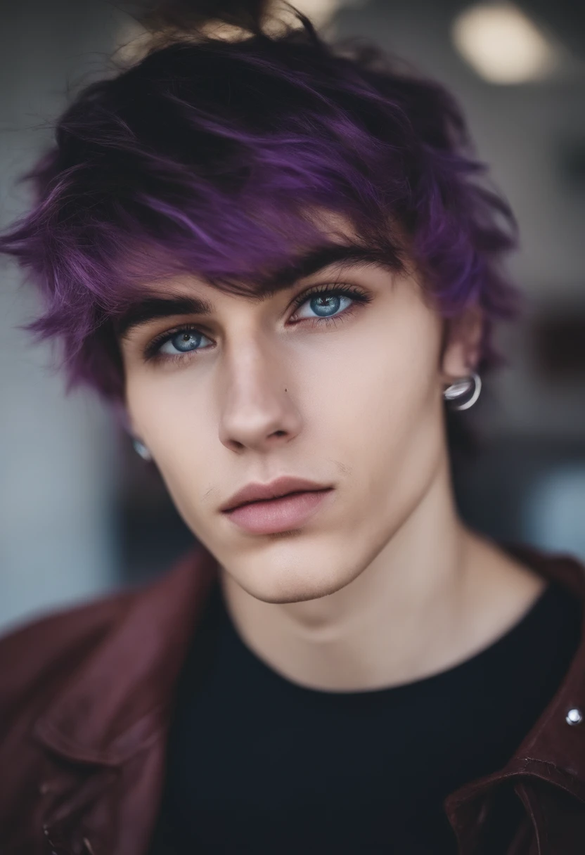 adolescente, em torno de -17macho, purple hair with slightly blue roots, Messy mullet shaped. maxilar afiado, Dentes perfeitos, olhos brancos, piercing na sobrancelha, piercing labial, Tacho Nasal, emo/velho/roupas grunge