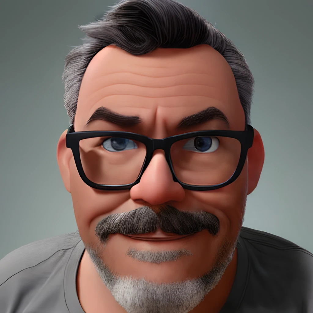 A closeup of a cartoon character with glasses and grey beard, Pixar retrato 8 k foto, close - retrato facial de cima, retrato Pixar, Como um personagem da Pixar, black hair, black mustache,  Personagem ideal da Pixar, Anato Finnstark. Pixar, personagem Pixar, Representado como um personagem da Pixar, Pixar Arte 3D, design de personagens Pixar, design de personagem bonito Pixar, pixar renderman render