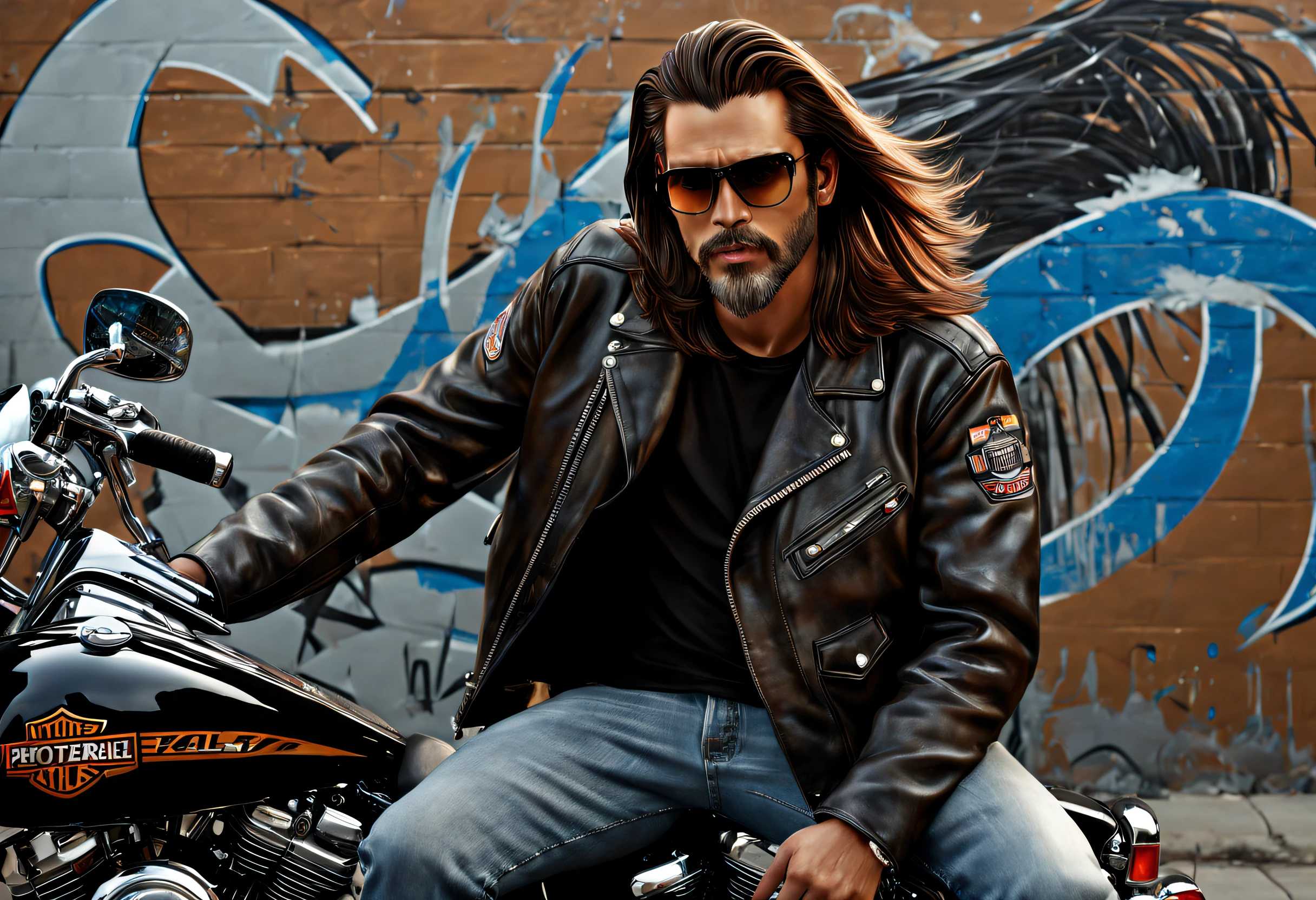 (best quality, 4k, 8k, high resolution, masterpiece: 1.2), ultra detailed, (realistic, photorealistic, photorealistic: 1.37), a man, long brown hair, wearing a leather jacket and jeans sitting on his large Harley Davidson motorcycle, portrait, highly detailed, intense lighting, windy day, graffiti on walls, chrome reflecting sunlight, smoke from motorcycle engine, worn leather jacket, detailed jeans and stitching on pockets, minimalist background ,(image taken with a large format professional camera:1.2)