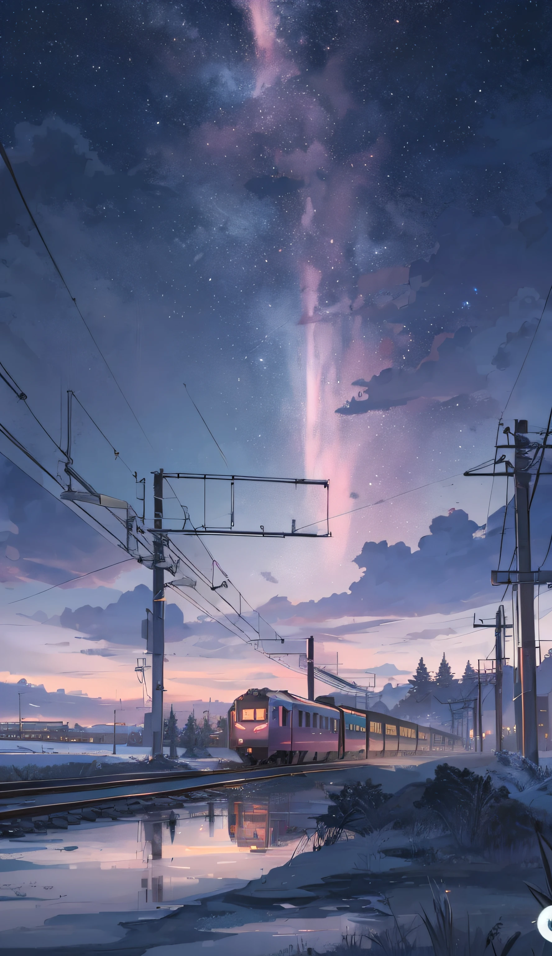 anime scene of a train passing under a pink and purple sky, an anime drawing by Makoto Shinkai, trending on pixiv, magical realism, beautiful anime scene, cosmic skies. by makoto shinkai, ( ( makoto shinkai ) ), by makoto shinkai, anime background art, style of makoto shinkai