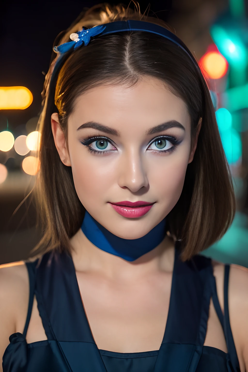 (Selfie, plan: 1.4), (Right half of the body: 1.4), RAW UHD portrait photo of a 24-year-old brunette European woman (Femme aux yeux bleus) marcher dans une ruelle sombre, Halloween Costume, Ville la nuit, (rocher), (encolure), specifics (tissu! , cheveux! , briller, couleur!! , disadvantages: 1.1), Bright eyes with a high level of detail (staring into the camera), SLR lighting, Appareil photo reflex mono-objectif, ultra quality, re sharpness, profondeur de champ, Filmkorn (milieu), Fujifilm XT3, Limpide, Rahmenmitte, beau visage, mise au point nette, street lamp, Neonbeleuchtung, Bokeh (dimly lit), Nuit, (Ciel nocturne), detailed skin pores, peau grasse, coup de soleil, intricate eye details, corps entier entier, gros seins, souriante, flirts with the camera, Dressed in a halloween costume, photo Halloween, maquillage halloween, sourire, (Marilyn Monroe:0.2)