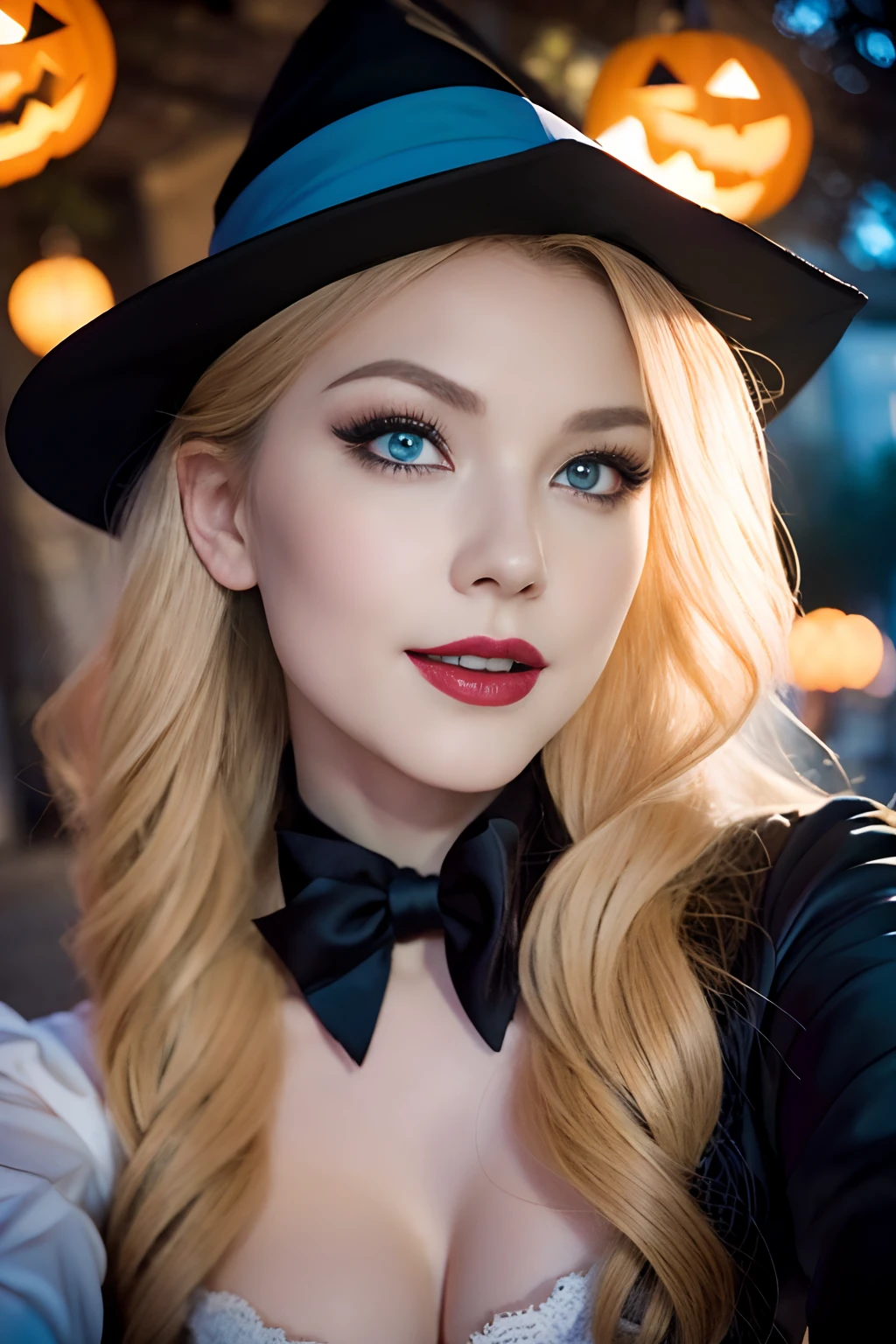 (Selfie, plan: 1.4), (Right half of the body: 1.4), RAW UHD portrait photo of a 24-year-old blonde European woman (Femme aux yeux bleus) marcher dans une ruelle sombre, Halloween Costume, Ville la nuit, (rocher), (encolure), specifics (tissu! , cheveux! , briller, couleur!! , disadvantages: 1.1), Bright eyes with a high level of detail (staring into the camera), SLR lighting, Appareil photo reflex mono-objectif, ultra quality, re sharpness, profondeur de champ, Filmkorn (milieu), Fujifilm XT3, Limpide, Rahmenmitte, beau visage, mise au point nette, street lamp, Neonbeleuchtung, Bokeh (dimly lit), Nuit, (Ciel nocturne), detailed skin pores, peau grasse, coup de soleil, intricate eye details, corps entier entier, gros seins, souriante, flirts with the camera, Dressed in a halloween costume, photo Halloween, maquillage halloween, sourire, (Marilyn Monroe:0.2)
