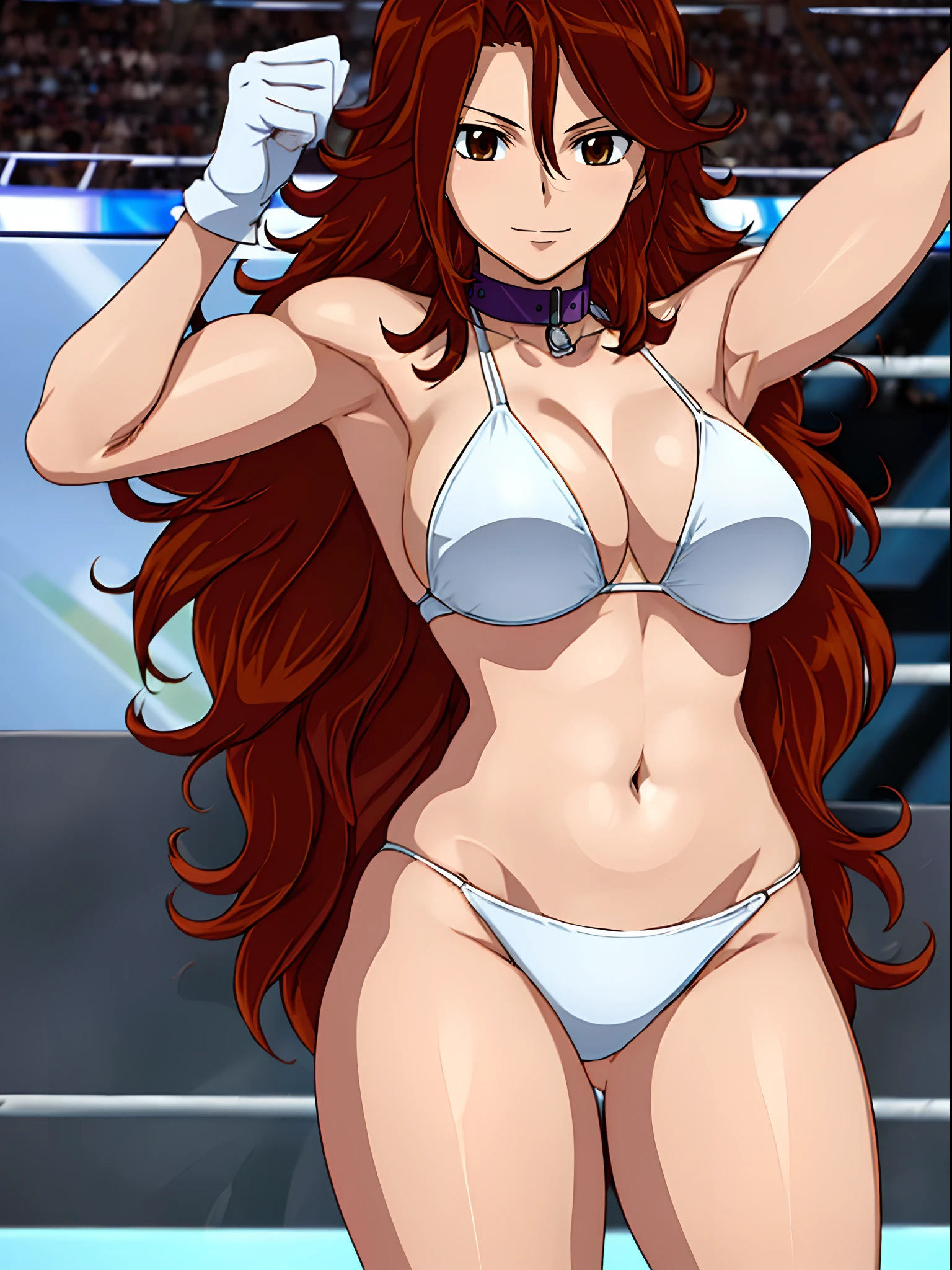 hug, Elegant lady, (upper body only), anime style: 1.8, anime drawing, ultra detailed face, ultra detailed body, 4k, Sumergai Lee Noriega, (standing), best quality, anime style, hires, highest definition, digital blending, bold drawing lines, ((wwe diva), (location: wrestling arena, crowds watching), ( slim body, (little biceps), , off-shoulders, closed fists, (curvy: 2.8)), ((white bikini, only, white gloves, collar, armpit protector)), victorious, winner, gentle, (pale skin, shiny skin, very big breasts, smile), (big eyes, brown eyes), (clapping), (brown hair, loose hair, curly hair, wavy hair, long hair, missy hair), 27 years old,