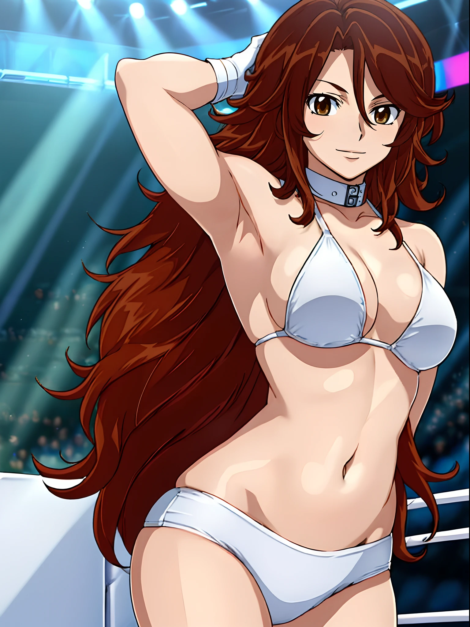 hug, Elegant lady, (upper body only), anime style: 1.8, anime drawing, ultra detailed face, ultra detailed body, 4k, Sumergai Lee Noriega, (standing), best quality, anime style, hires, highest definition, digital blending, bold drawing lines, ((wwe diva), (location: wrestling arena, crowds watching), ( slim body, (little biceps), , off-shoulders, closed fists, (curvy: 2.8)), ((white bikini, only, white gloves, collar, armpit protector)), victorious, winner, gentle, (pale skin, shiny skin, very big breasts, smile), (big eyes, brown eyes), (clapping), (brown hair, loose hair, curly hair, wavy hair, long hair, missy hair), 27 years old,