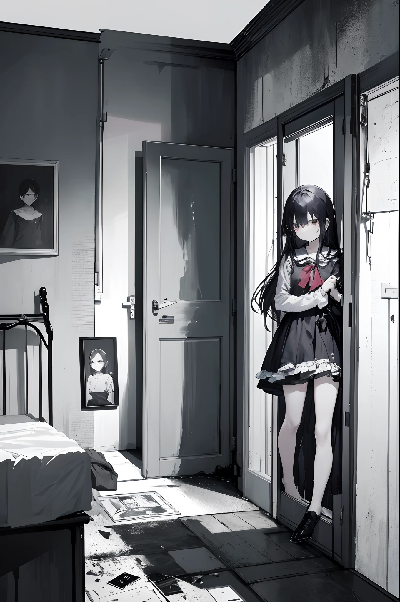 Color illustration depicting a criminal's room, Wall-to-wall々There is a snapshot of a girl who is not. There is an eerie and disturbing atmosphere in the air, Dim lighting casts shadows、Enhances the ominous premonition. The clutter of the room and a huge number of photos、It alludes to the obsession and evil intentions of the inhabitants.