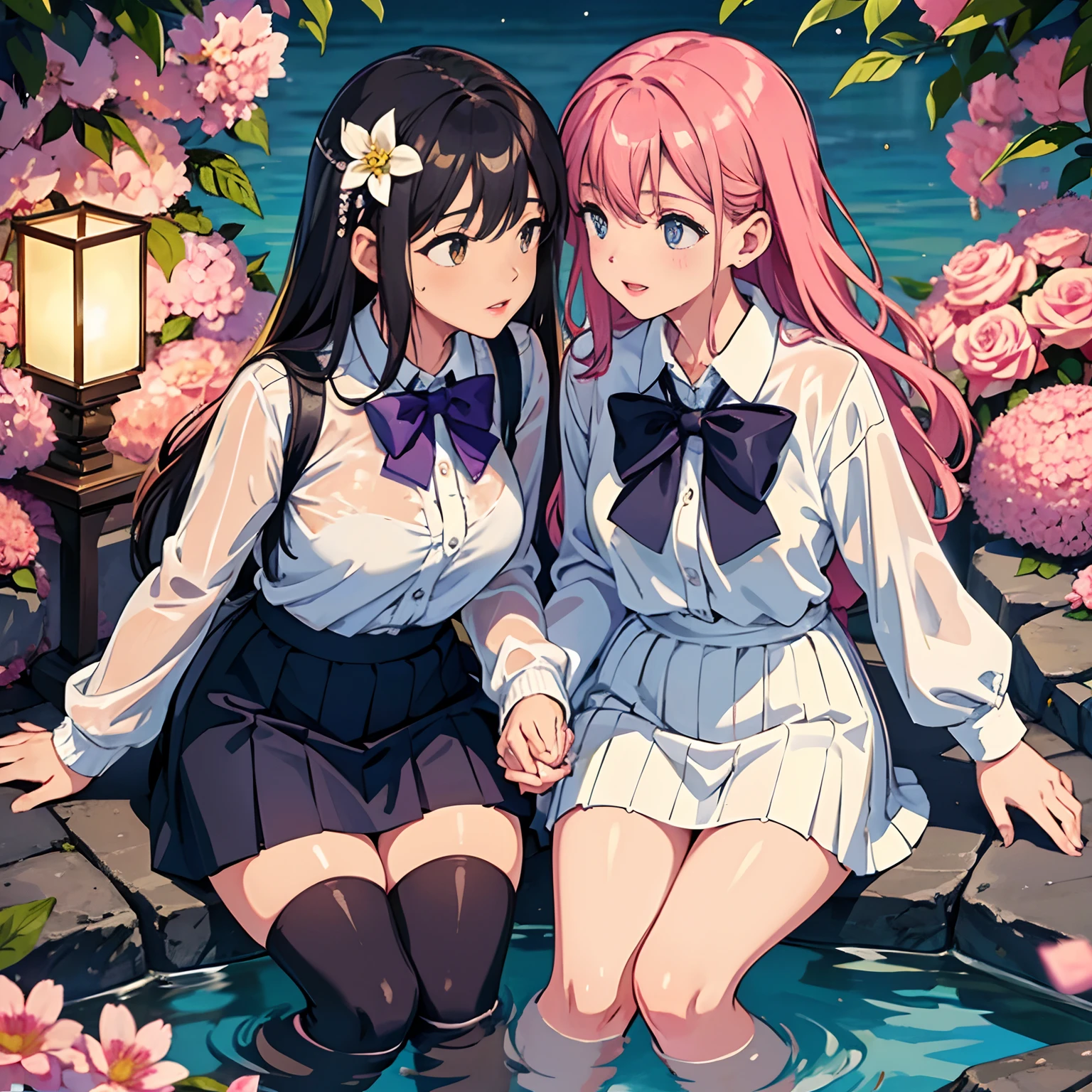(8 (8k, Highest quality, masterpiece:1.2),cute,cute女の子たち,Couple girls,2 people,お腹にkissをする,mesugaki,Fantasy_world,kiss,Open-air bath,Touching each other's breasts,Wrap a bath towel,Beautiful thighs,Gentle caress,Heavy breathing,White liquid splashed on face,お腹にディープkiss,starry skies,night,White liquid dripping down thighs