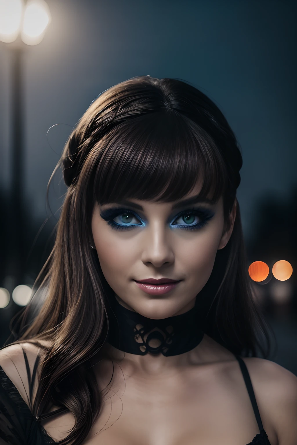 (Selfie, plan: 1.4), (Right half of the body: 1.4), RAW UHD portrait photo of a 24-year-old brunette European woman (Femme aux yeux bleus) marcher dans une ruelle sombre, Halloween Costume, Ville la nuit, (rocher), (encolure), specifics (tissu! , cheveux! , briller, couleur!! , disadvantages: 1.1), Bright eyes with a high level of detail (staring into the camera), SLR lighting, Appareil photo reflex mono-objectif, ultra quality, re sharpness, profondeur de champ, Filmkorn (milieu), Fujifilm XT3, Limpide, Rahmenmitte, beau visage, mise au point nette, street lamp, Neonbeleuchtung, Bokeh (dimly lit), Nuit, (Ciel nocturne), detailed skin pores, peau grasse, coup de soleil, intricate eye details, corps entier entier, gros seins, souriante, flirts with the camera, Dressed in a halloween costume, photo Halloween, maquillage halloween, sourire, (Marilyn Monroe:0.2)