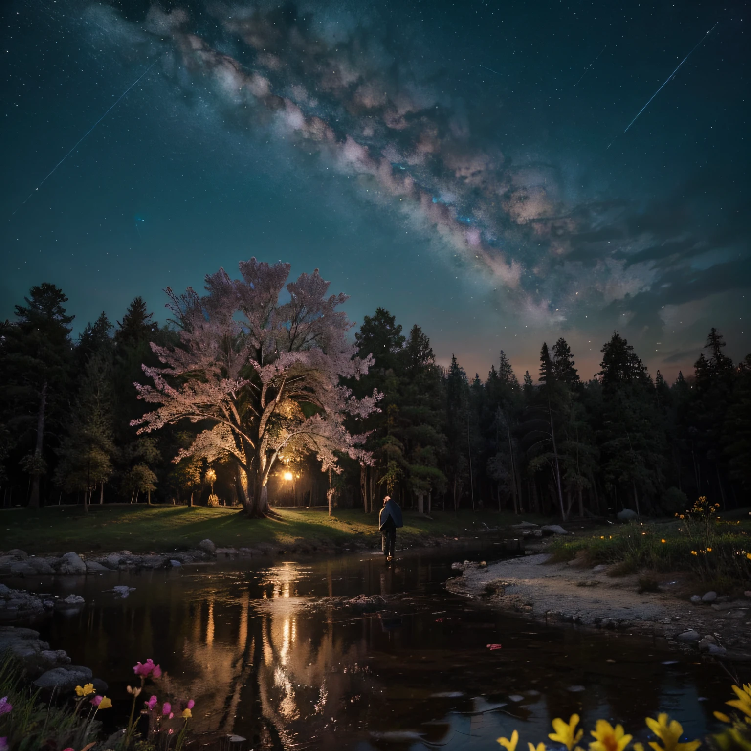 (Beautiful Magic Night Sky, Aurola Boreal Stream Overlay Scenery), (heaven), (nuvem), soft lighting, fundo limpo, beautiful scenery, master part, alta qualidade, graphics beautiful, High detail, hiper realista, epic scenery, Jardim, flor, nuvem,casal com filhos, (night starly sky, back river, huge old trees behind, dropping bright pink petals back, A man with a woman and 2 children and a dog)