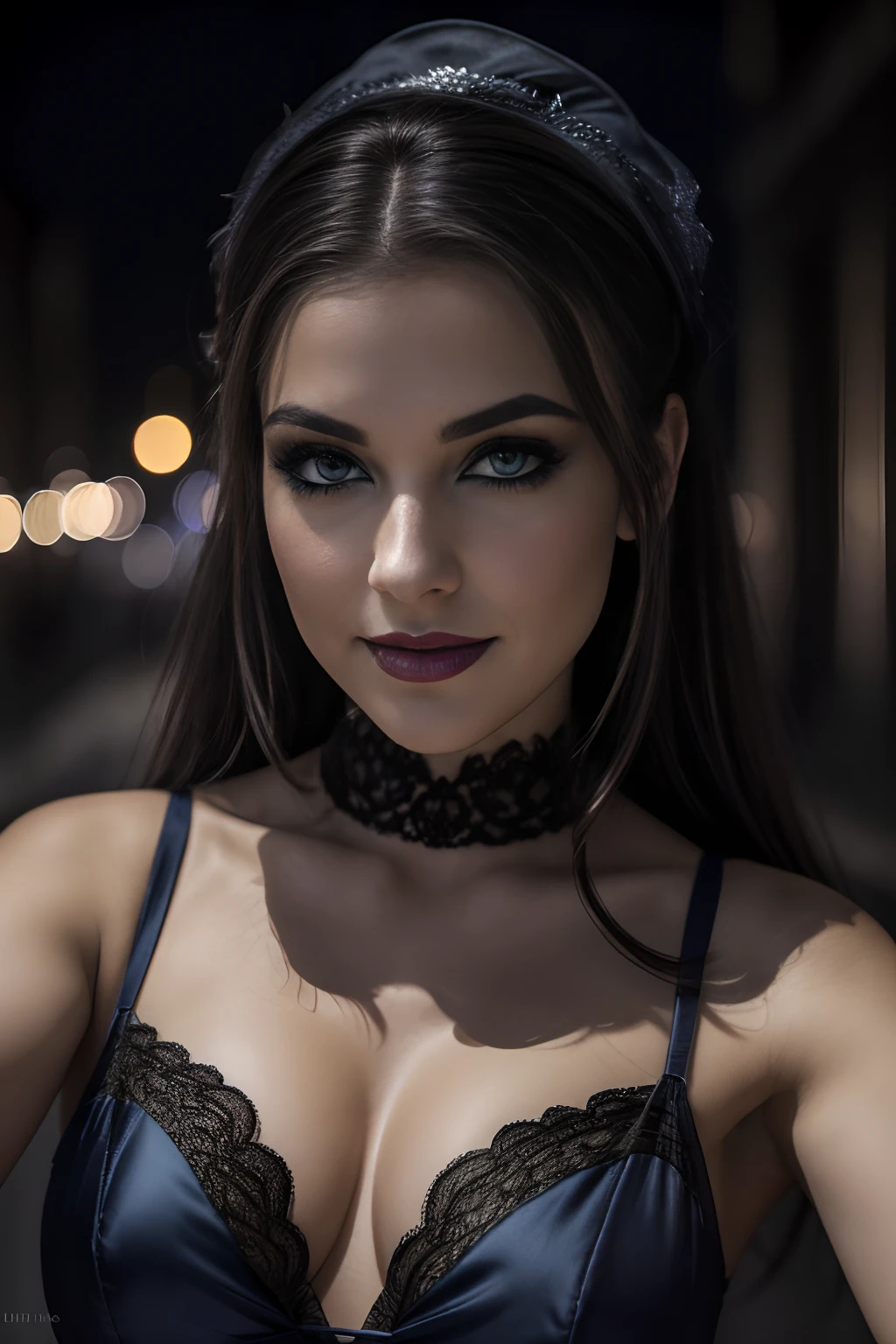 (Selfie, plan: 1.4), (Right half of the body: 1.4), RAW UHD portrait photo of a 24-year-old brunette European woman (Femme aux yeux bleus) marcher dans une ruelle sombre, Halloween Costume, Ville la nuit, (rocher), (encolure), specifics (tissu! , cheveux! , briller, couleur!! , disadvantages: 1.1), Bright eyes with a high level of detail (staring into the camera), SLR lighting, Appareil photo reflex mono-objectif, ultra quality, re sharpness, profondeur de champ, Filmkorn (milieu), Fujifilm XT3, Limpide, Rahmenmitte, beau visage, mise au point nette, street lamp, Neonbeleuchtung, Bokeh (dimly lit), Nuit, (Ciel nocturne), detailed skin pores, peau grasse, coup de soleil, intricate eye details, corps entier entier, gros seins, souriante, flirts with the camera, Dressed in a halloween costume, photo Halloween, maquillage halloween, sourire, (Marilyn Monroe:0.2)