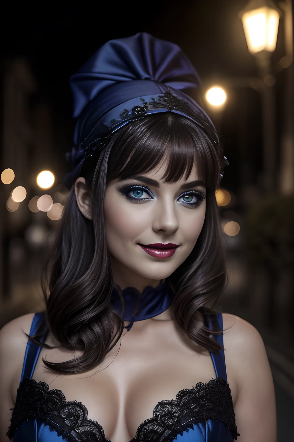 (Selfie, plan: 1.4), (Right half of the body: 1.4), RAW UHD portrait photo of a 24-year-old brunette European woman (Femme aux yeux bleus) marcher dans une ruelle sombre, Halloween Costume, Ville la nuit, (rocher), (encolure), specifics (tissu! , cheveux! , briller, couleur!! , disadvantages: 1.1), Bright eyes with a high level of detail (staring into the camera), SLR lighting, Appareil photo reflex mono-objectif, ultra quality, re sharpness, profondeur de champ, Filmkorn (milieu), Fujifilm XT3, Limpide, Rahmenmitte, beau visage, mise au point nette, street lamp, Neonbeleuchtung, Bokeh (dimly lit), Nuit, (Ciel nocturne), detailed skin pores, peau grasse, coup de soleil, intricate eye details, corps entier entier, gros seins, souriante, flirts with the camera, Dressed in a halloween costume, photo Halloween, maquillage halloween, sourire, (Marilyn Monroe:0.2)