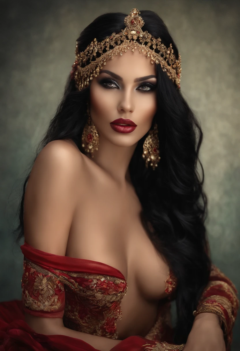 Beautiful top model, completely naked, sitting down, open legs, long black hair, high details, sensual face, visible pussy