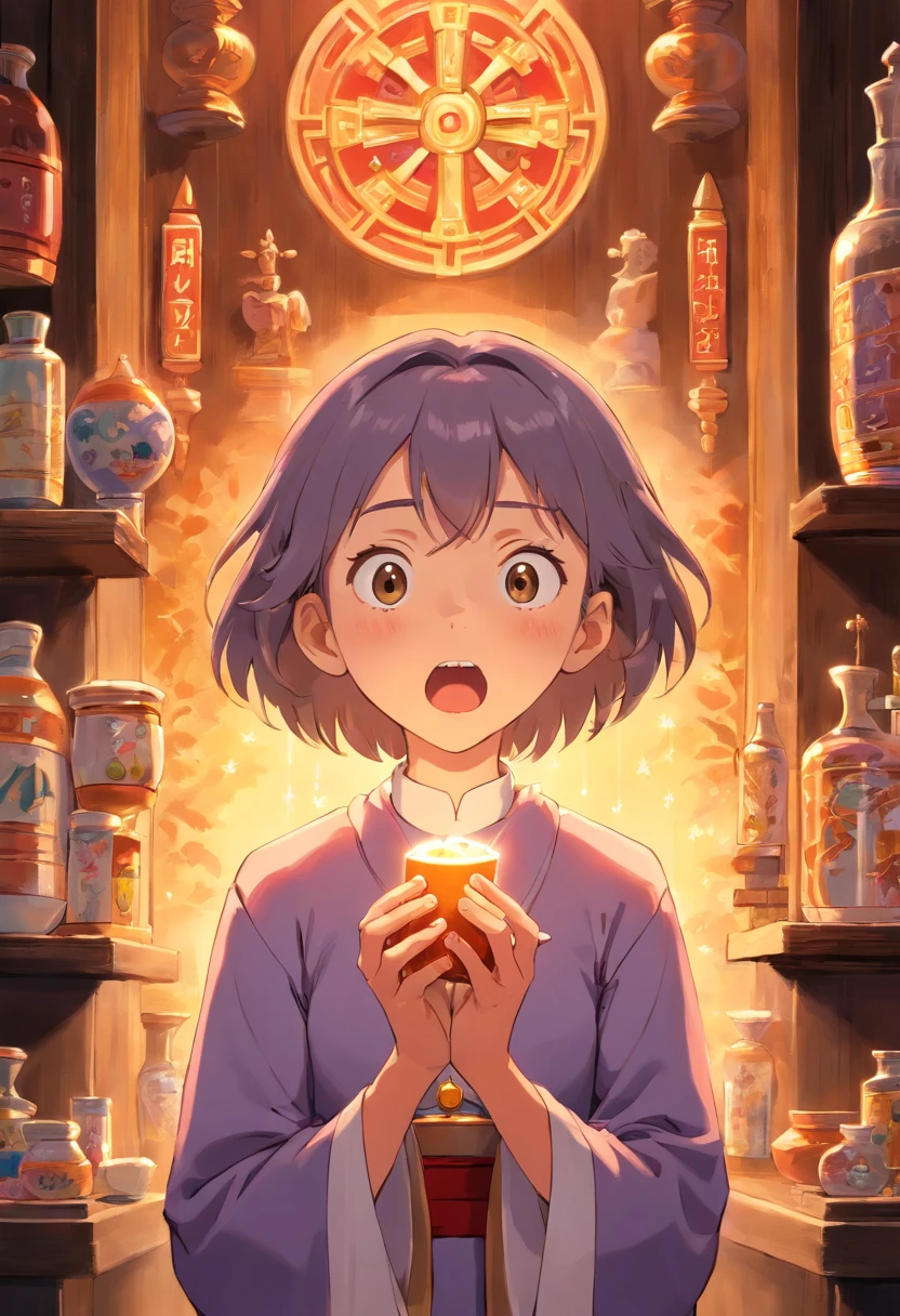 a priest consuming drugs, (best quality, realistic:1.37) detailed face, drugs in hand, shocked expression, dimly lit room, religious symbolism, dramatic lighting, artwork in the background, intense colors