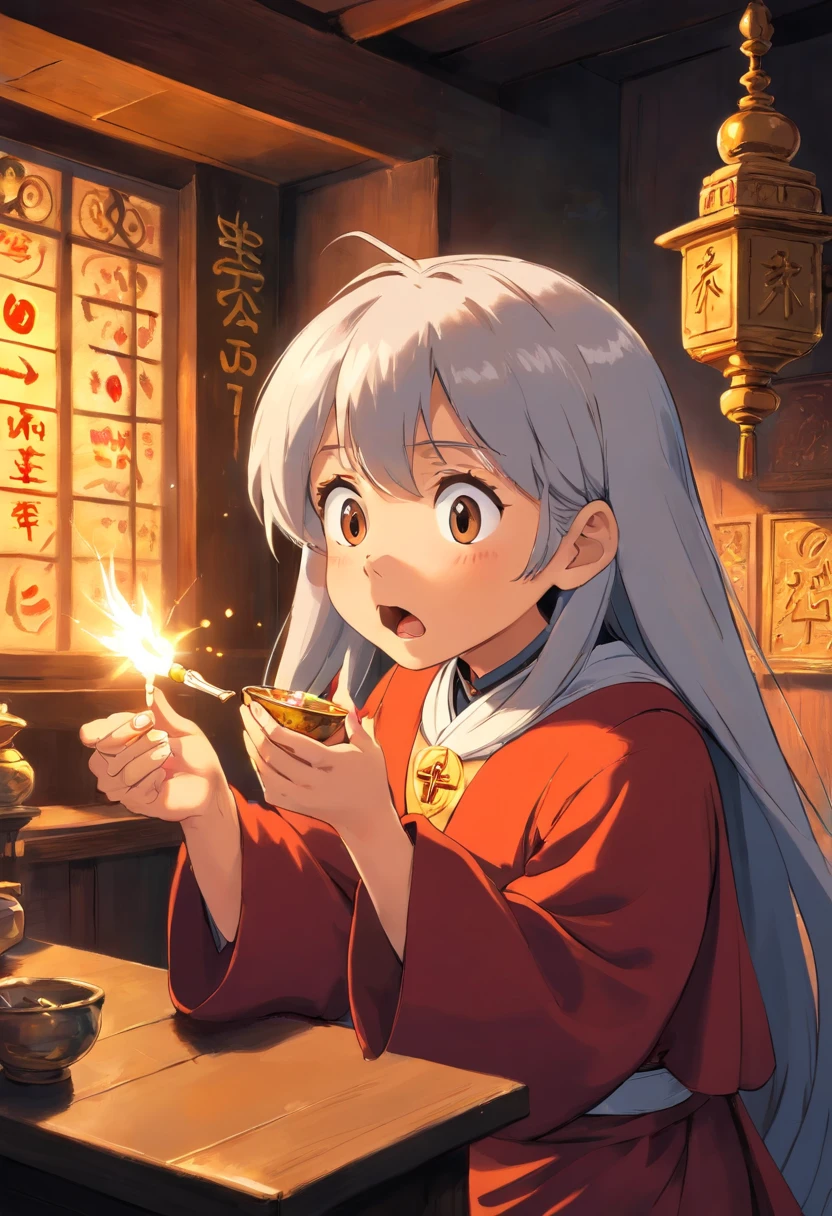 a priest consuming drugs, (best quality, realistic:1.37) detailed face, drugs in hand, shocked expression, dimly lit room, religious symbolism, dramatic lighting, artwork in the background, intense colors