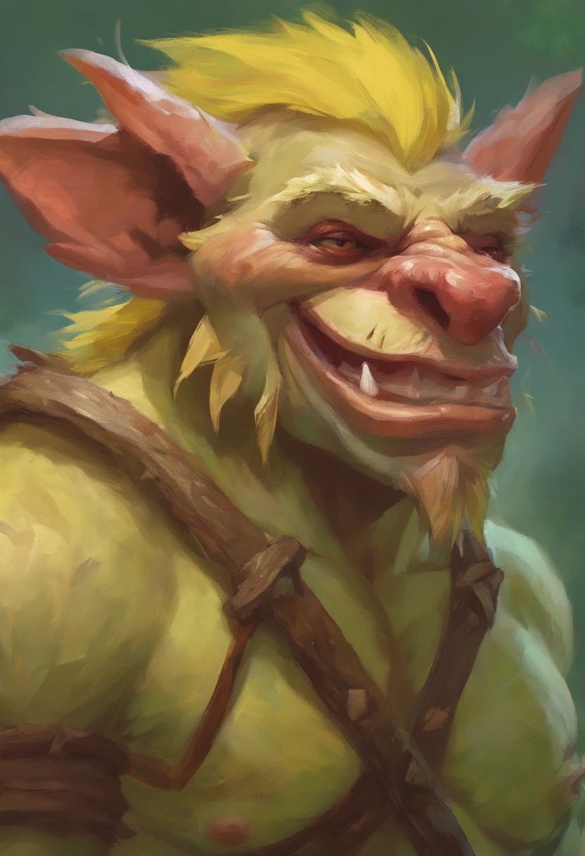 a painting of a light yellow troll hairy and fat, shaman, medium portrait of a goblin, senior concept artist, goblin girl dnd character, portrait of a goblin, a character based on a haggis, by Todd Lockwood, bugbear, drak fantasy goblin, dog - faced muscular goblin, epic full color illustration, portrait of a gnoll