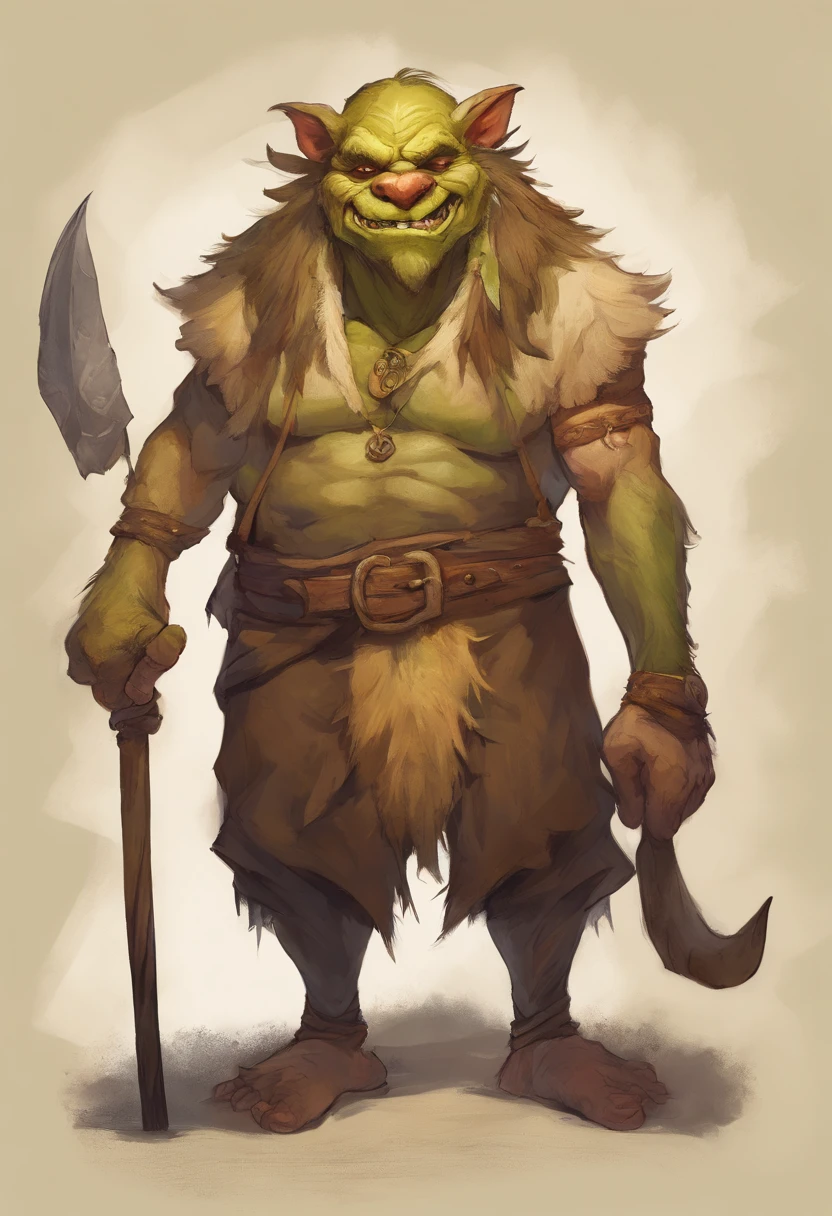 a painting of a light yellow troll hairy and fat, shaman, medium portrait of a goblin, senior concept artist, goblin girl dnd character, portrait of a goblin, a character based on a haggis, by Todd Lockwood, bugbear, drak fantasy goblin, dog - faced muscular goblin, epic full color illustration, portrait of a gnoll