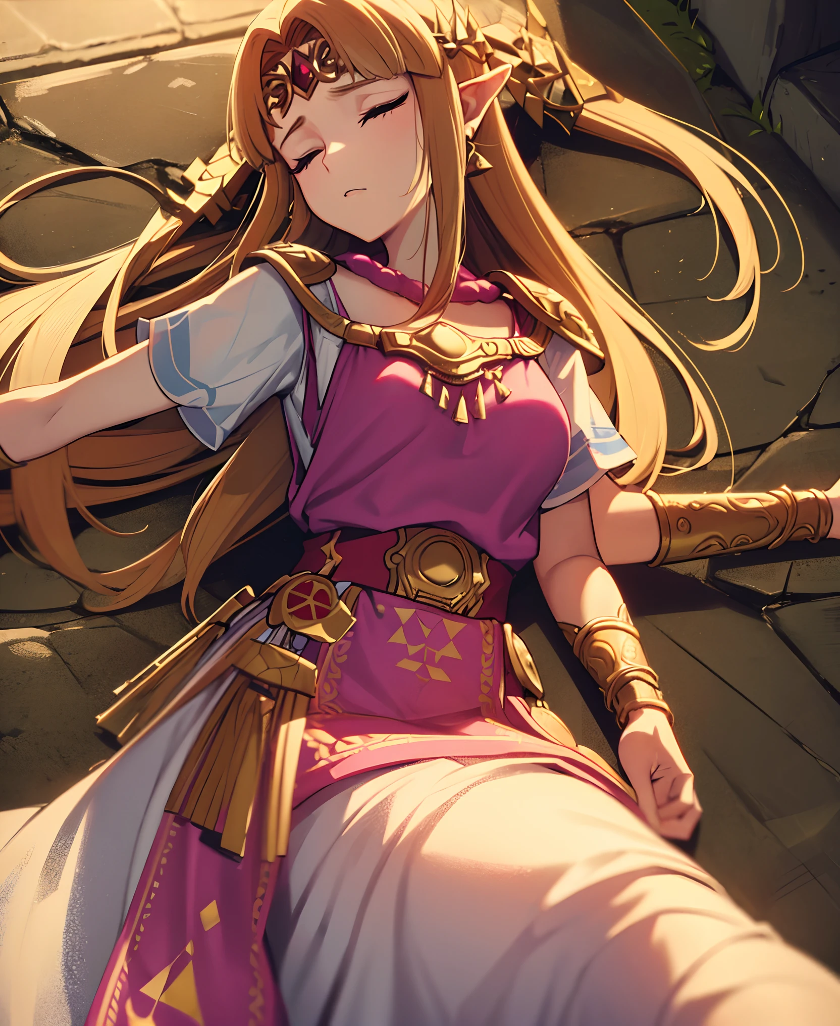 Princess Zelda has been thrown, languid, and defeated on her back after a harsh throw and combo by Ganondorf, her eyes closed and down for the count, unable to recover from attacks. Zelda has utterly lost the Smash Bros. fight. The Smash Bros. match was at the Great Plateau in Hyrule. (Princess Zelda supine and beaten in the match, focal point: 1.2), (Zelda has shallow breaths: 1.0), camera focuses on Princess Zelda's defeated and tired body: 1.9, close up camera