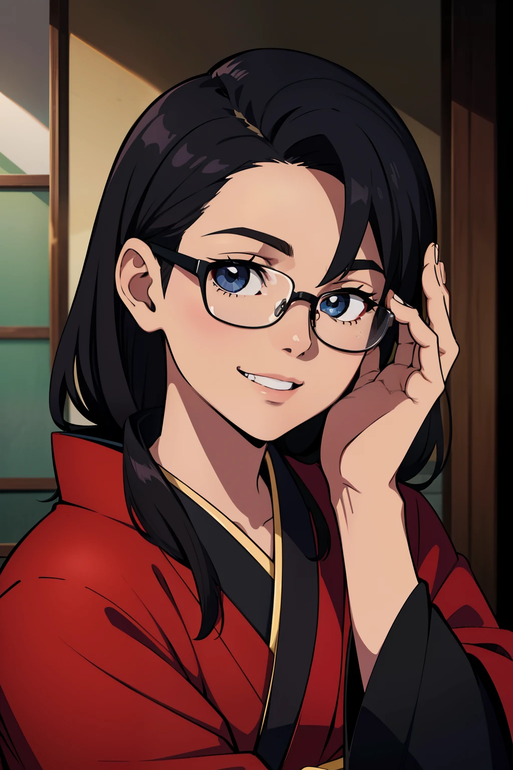 (Homem:1.2), rosto detalhado, garoto, jovem, 15 anos, eyeglass, detalhando, kimono preto, estudante, sorriso, cabelo preto,
