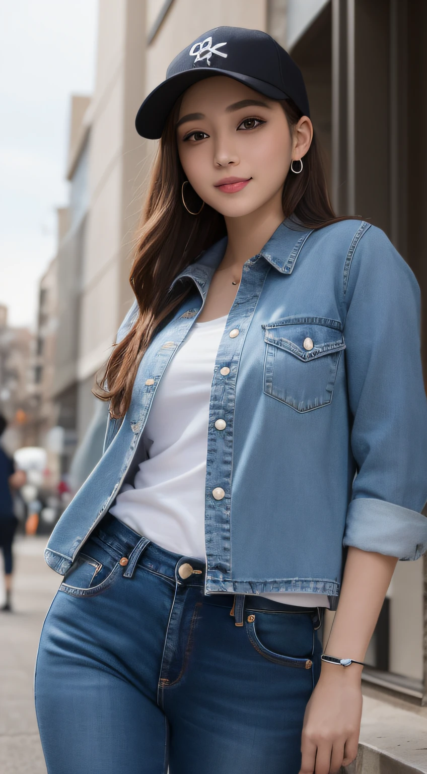 masutepiece, Best Quality, Illustration, Ultra-detailed, finely detail, hight resolution, 8K Wallpaper, Perfect dynamic composition, Beautiful detailed eyes, doress,Medium Hair, Mid-chest, Natural Color Lip, Random and sexy poses,Smile,Aoyama Street Walk、20 years girl, Jeans, Very Seductive and Hot Clothes, baseball hat