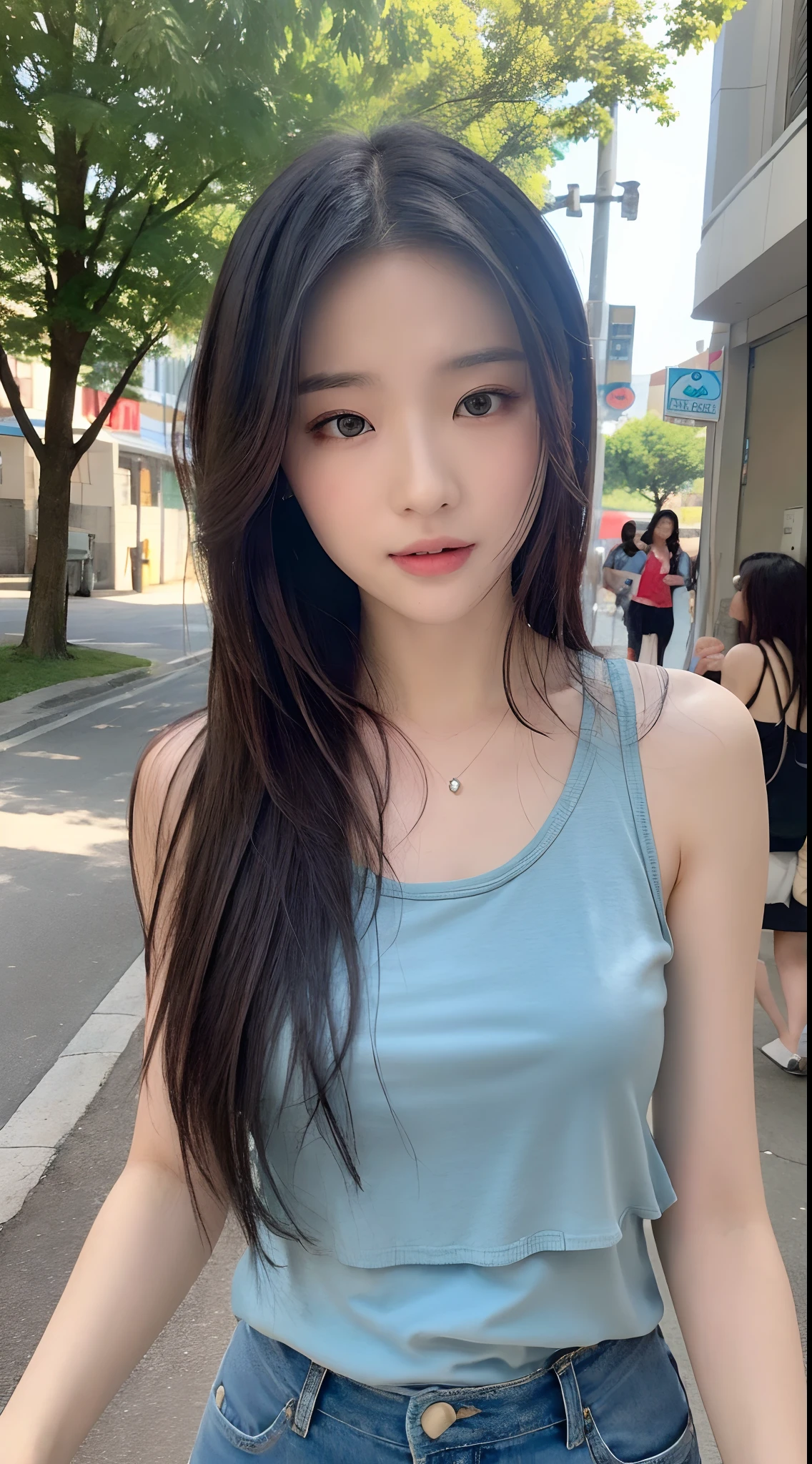 ((Best quality, 8K, Masterpiece :1.3)), Sharp focus :1.2, perfect figure beautiful woman:1.4, Slim abs:1.2, ((Layered Hair Style, mischievous expression:1.2)), (Tank top shirt:1.1 ), (the street:1.2), Highly detailed facial and skin texture, A detailed eye, 二重まぶた，Keep one's mouth shut，