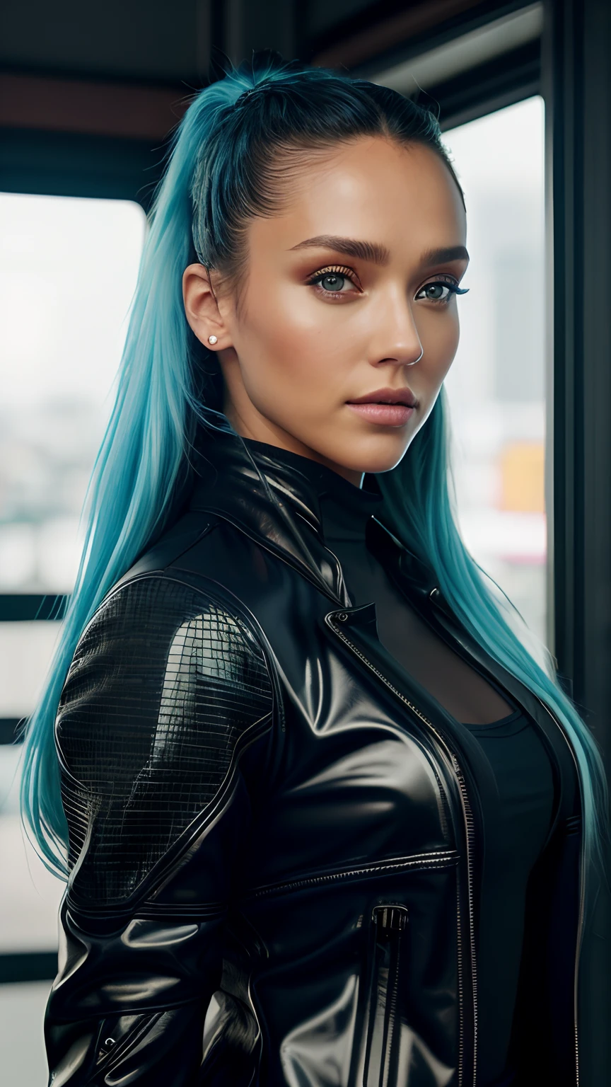 Jessica Alba (Raw, analog, Nikon Z 14mm ultra-wide angle lens, award-winning glamour photograph, ((beste-Qualit)), ((tmasterpiece)), ((Realistic)), pores skin, sub-surface Scattering, radiant light rays, hight resolution, Detailed facial features, higly detailed, sharp-focus, Smooth, asthetic, extremely detialed, (extremely detailed eyes, extremely detailed iris), extremely detailed hair, Extremely detailed skin, extremely detailed clothing, Octane rendering, photo-realistic, realisti, postprocessed, max detail, realistic shadows, roughness, Natural leather texture, Real life, ultra-realistic, photo realism, a photo of a, 8K UHD, a photo of a, HDR, Intricate, elegant, higly detailed, sharp-focus, jaw-dropping, nice ass, Gorgeous), realisti, tmasterpiece, topquality, 1 girl, hairlong, pigtails, (Blue hair), (The World Frame), Huge-breasts, ((Cyberpunk clothing, Futuristic, transparent pvc jacket, cyberpunk setting, Cinematic, In the store: 1.1)), ((Take a look at the viewer)), intrikate, higly detailed, tension, 真实感, Beautiful and detailed lighting, eye shadow, (high skin detail: 1.2), 8K UHD, dslr, soft-lighting, hiquality, film grains, Fujifilm XT3, upper-body, backpack, smirk, 耳Nipple Ring, 8K, time, HDR, photo-realistic, sharp-focus, Jean-Paul Gaultier and Jules Bastien-Lepage, Stella McCartney and Mark Keatley