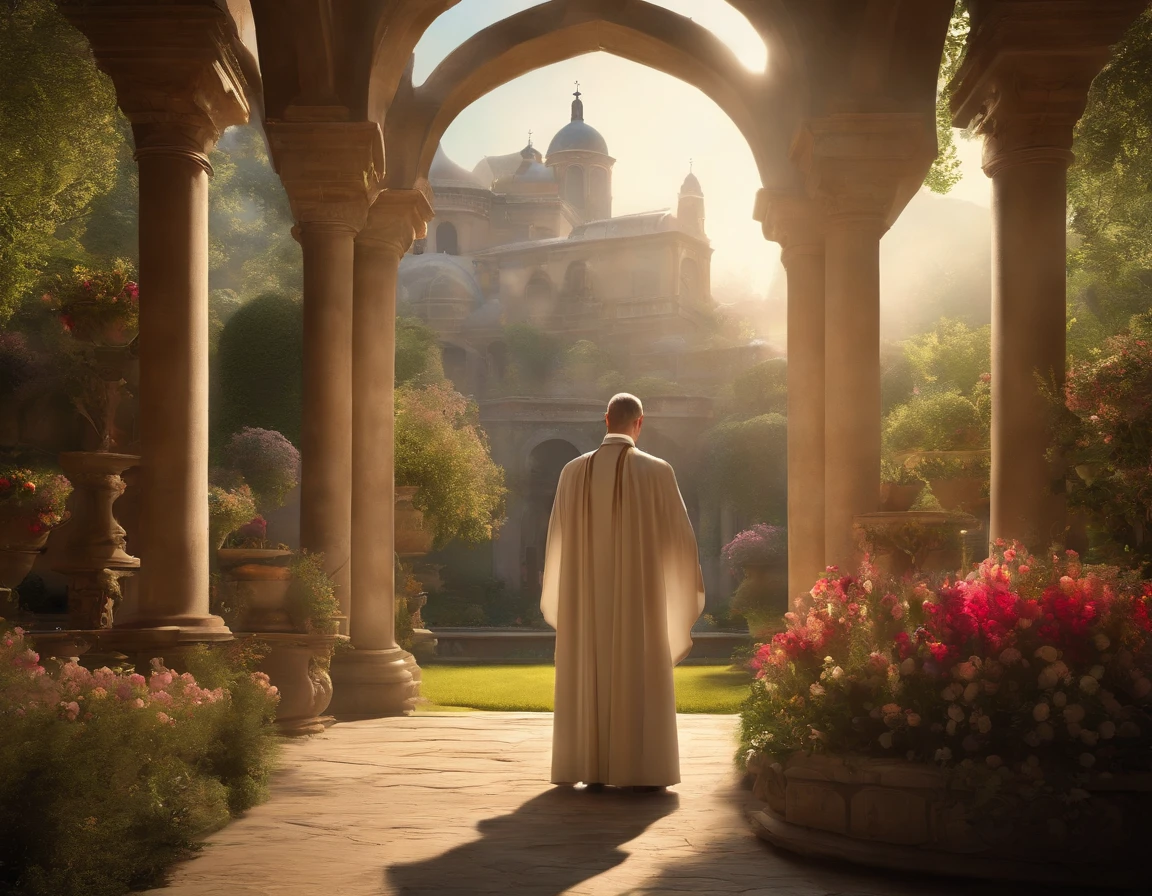 (best quality,ultra-detailed,realistic:1.37) a priest, a garden, soft morning sunlight, serene expression, ornate, detailed robes, vibrant colors, ethereal atmosphere, tranquil surroundings, majestic architecture