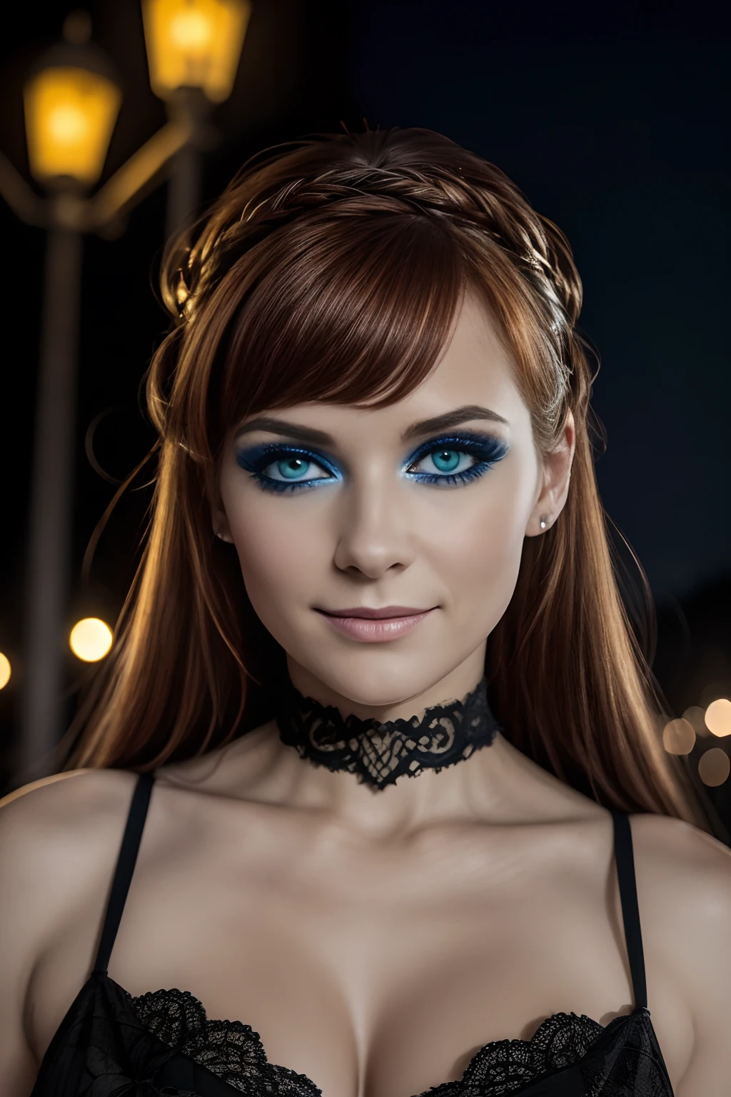 (Selfie, plan: 1.4), (Right half of the body: 1.4), RAW UHD portrait photo of a 24-year-old redhead European woman (Femme aux yeux bleus) marcher dans une ruelle sombre, Halloween Costume, Ville la nuit, (rocher), (encolure), specifics (tissu! , cheveux! , briller, couleur!! , disadvantages: 1.1), Bright eyes with a high level of detail (staring into the camera), SLR lighting, Appareil photo reflex mono-objectif, ultra quality, re sharpness, profondeur de champ, Filmkorn (milieu), Fujifilm XT3, Limpide, Rahmenmitte, beau visage, mise au point nette, street lamp, Neonbeleuchtung, Bokeh (dimly lit), Nuit, (Ciel nocturne), detailed skin pores, peau grasse, coup de soleil, intricate eye details, corps entier entier, gros seins, souriante, flirts with the camera, Dressed in a halloween costume, photo Halloween, maquillage halloween, sourire