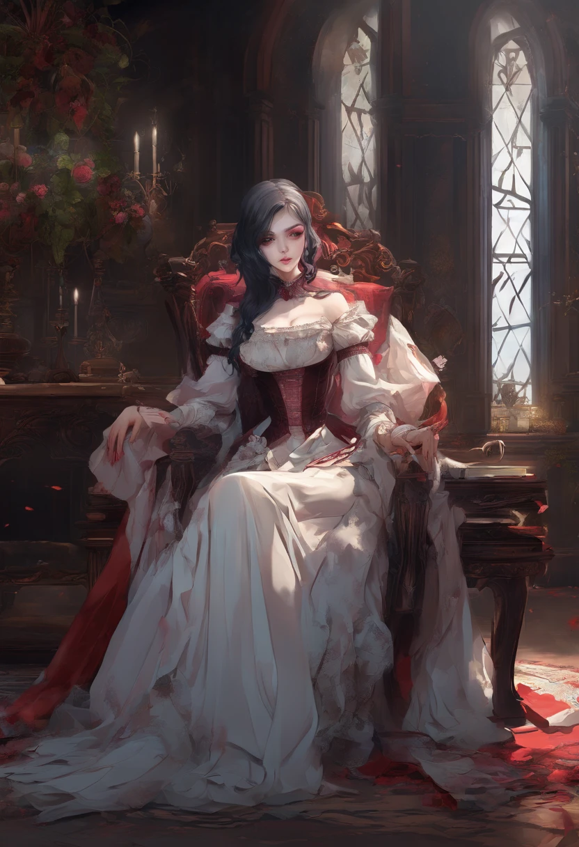 Highres, (8k,UHD), ultra quality, extreme detail, smooth focus, Anime vampire Girl, long multi color black and red hair, pale skin complexion, blood red shot eyes, sitting in a Victorian chair, in a chair, Victorian windows, Victorian paintings, inspired johan grenier, unreal engine 5