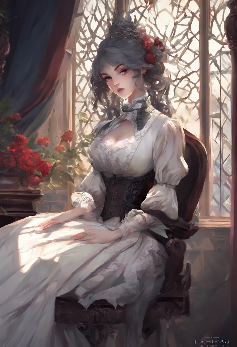 Highres, (8k,UHD), ultra quality, extreme detail, smooth focus, Anime vampire Girl, long multi color black and red hair, pale skin complexion, blood red shot eyes, sitting in a Victorian chair, in a chair, Victorian windows, Victorian paintings, inspired johan grenier, unreal engine 5