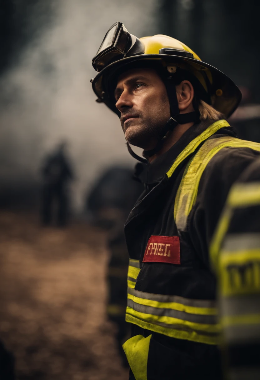 a silhouette shot of a firefighter with crossed arms against a backdrop of billowing smoke or flames, highlighting their bravery and commitment to their duty.