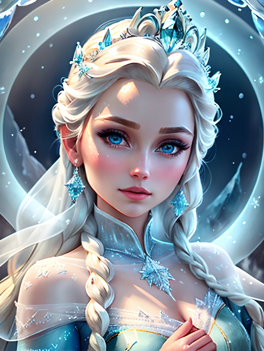 Beautiful HD HQ intricate elaborate ethereal hyperdetailed breathtaking modern inspirational well defined award-winning masterpiece portrait of a Princess Elsa Frozen with hypnotizing large wet detailed pretty eyes