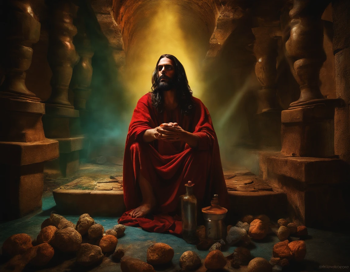 jesus christ consuming ????? in a dungeon,illustration,psychedelic,colorful,shadows,dark,experimental,ethereal,religious,graffiti,grungy,transcendent,surreal,glowing lights,detailed textures,high contrast,best quality,ultra-detailed,photorealistic,nightmarish,indoor,smoke,fire,haunting,mysterious,chaotic,captivating,emotional,provocative,eye-catching,controversial,visually stunning