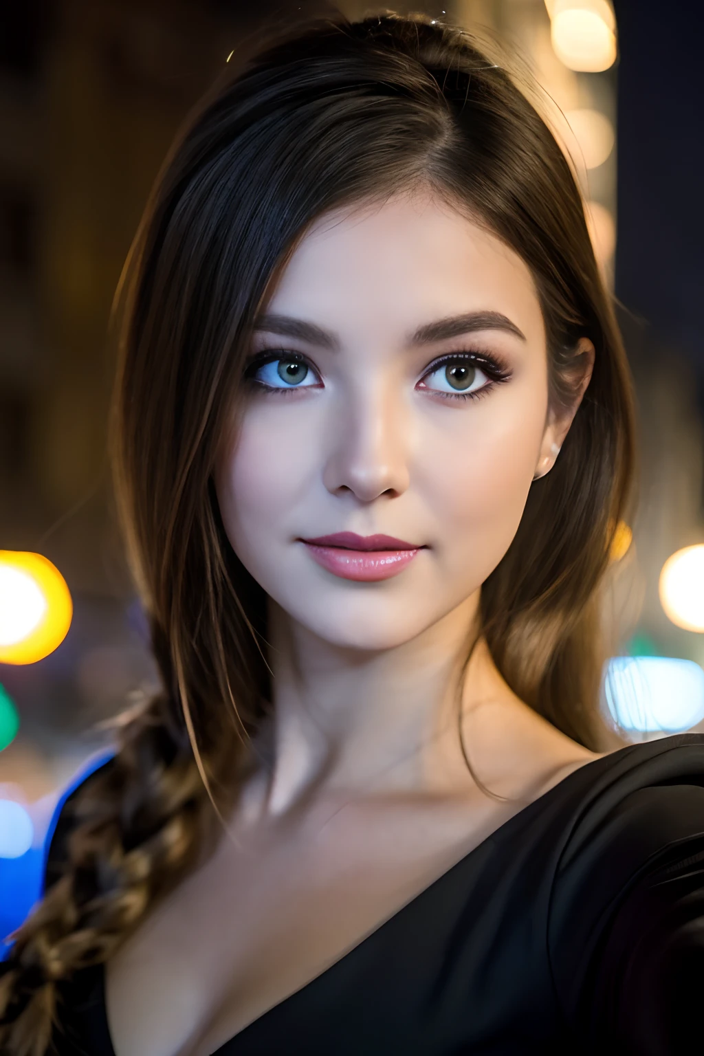 (Selfie, plan: 1.4), (Right half of the body: 1.4), RAW UHD portrait photo of a 24-year-old woman (Femme aux yeux bleus) marcher dans une ruelle sombre, Halloween Costume, Ville la nuit, (rocher), (encolure), specifics (tissu! , cheveux! , briller, couleur!! , disadvantages: 1.1), Bright eyes with a high level of detail (staring into the camera), SLR lighting, Appareil photo reflex mono-objectif, ultra quality, re sharpness, profondeur de champ, Filmkorn (milieu), Fujifilm XT3, Limpide, Rahmenmitte, beau visage, mise au point nette, street lamp, Neonbeleuchtung, Bokeh (dimly lit), Nuit, (Ciel nocturne), detailed skin pores, peau grasse, coup de soleil, intricate eye details, corps entier entier, gros seins, souriante, flirts with the camera, Dressed in a halloween costume, photo Halloween, maquillage halloween, sourire